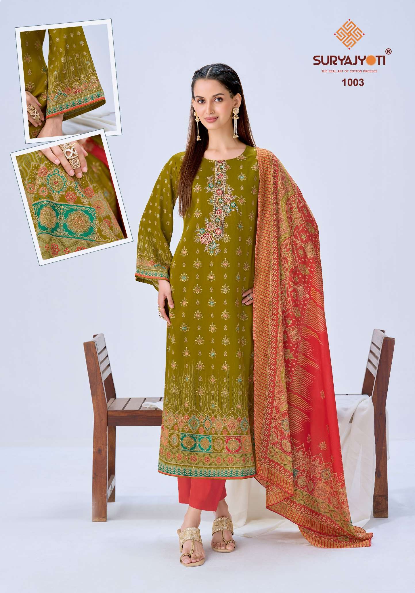 SURYAJYOTI KARUNA VOL 1 JAM SATIN PRINT WITH FANCY WORK SUITS 