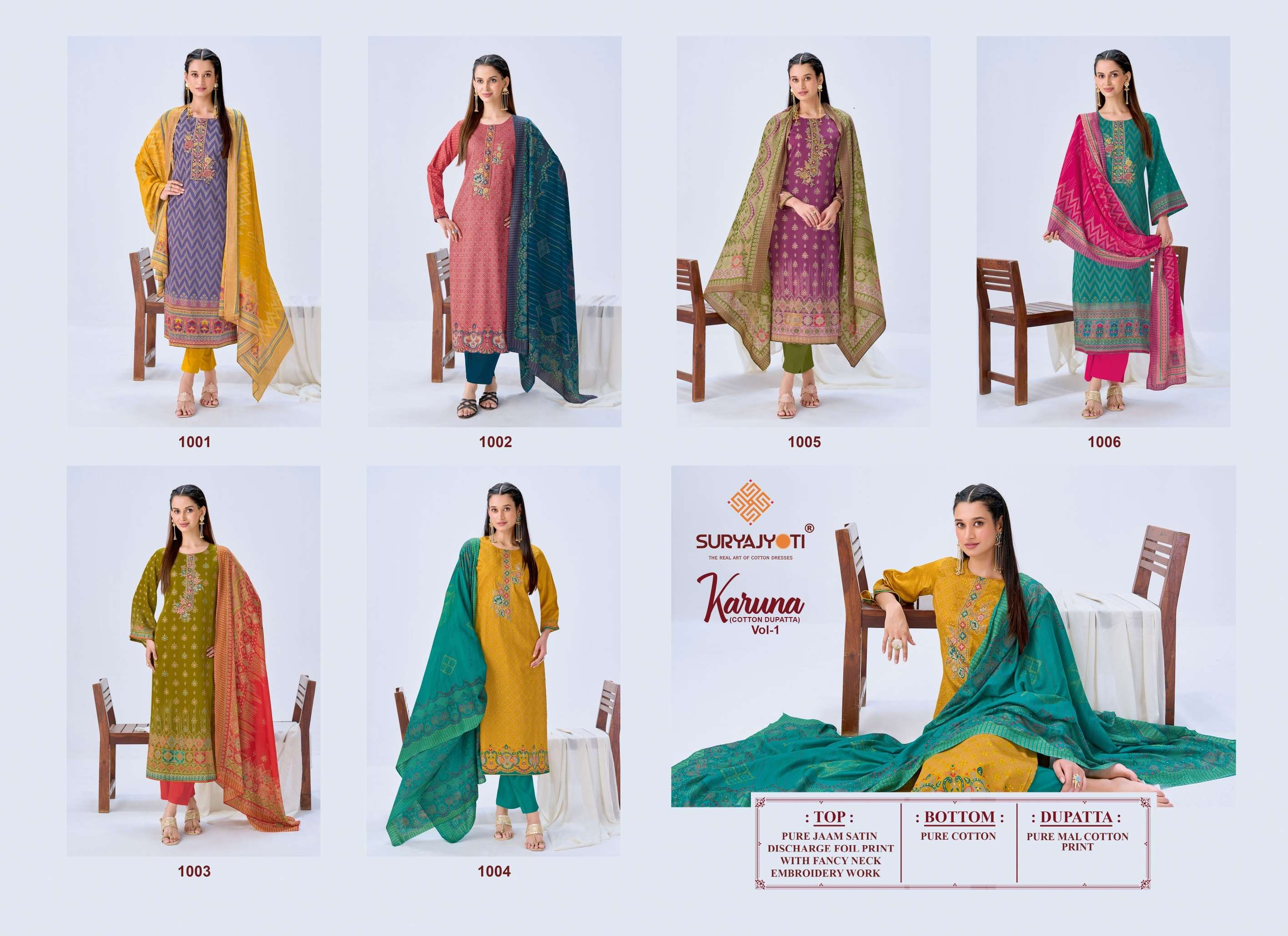 SURYAJYOTI KARUNA VOL 1 JAM SATIN PRINT WITH FANCY WORK SUITS 