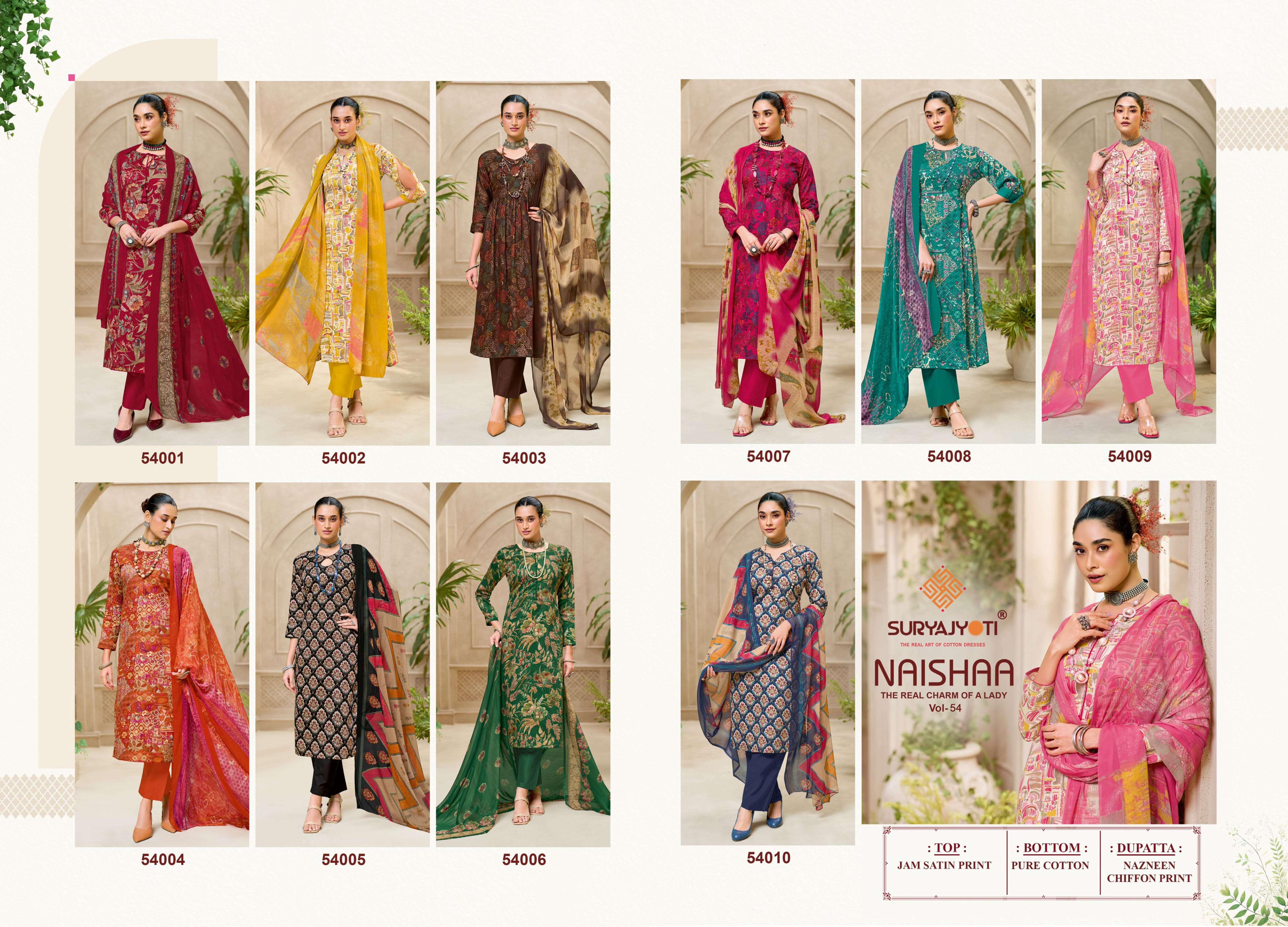 SURYAJYOTI NAISHAA VOL 54 JAM SATIN PRINT WITH FANCY WORK SUIT