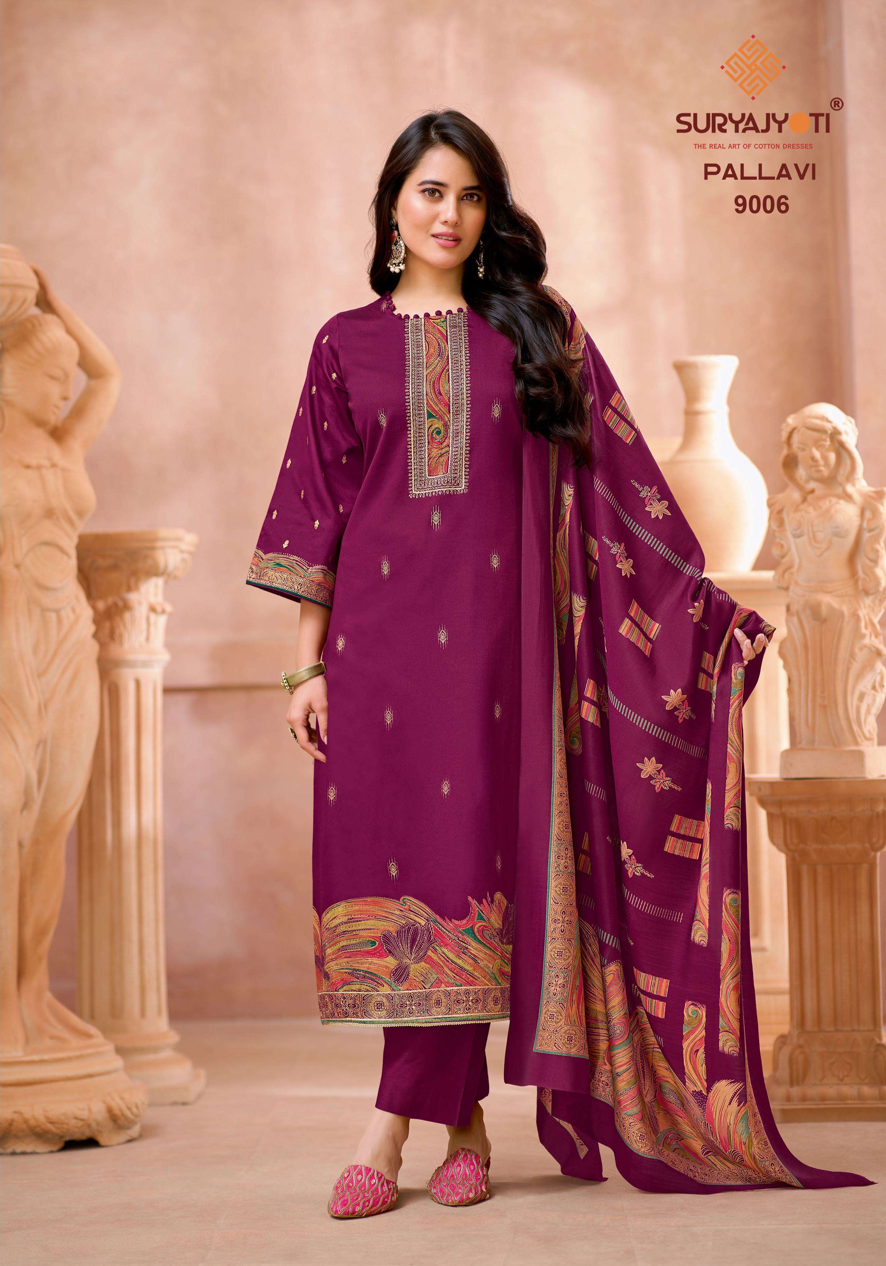 SURYAJYOTI PALLAVI VOL 9 JAM SATIN PRINT WITH FANCY WORK SUIT
