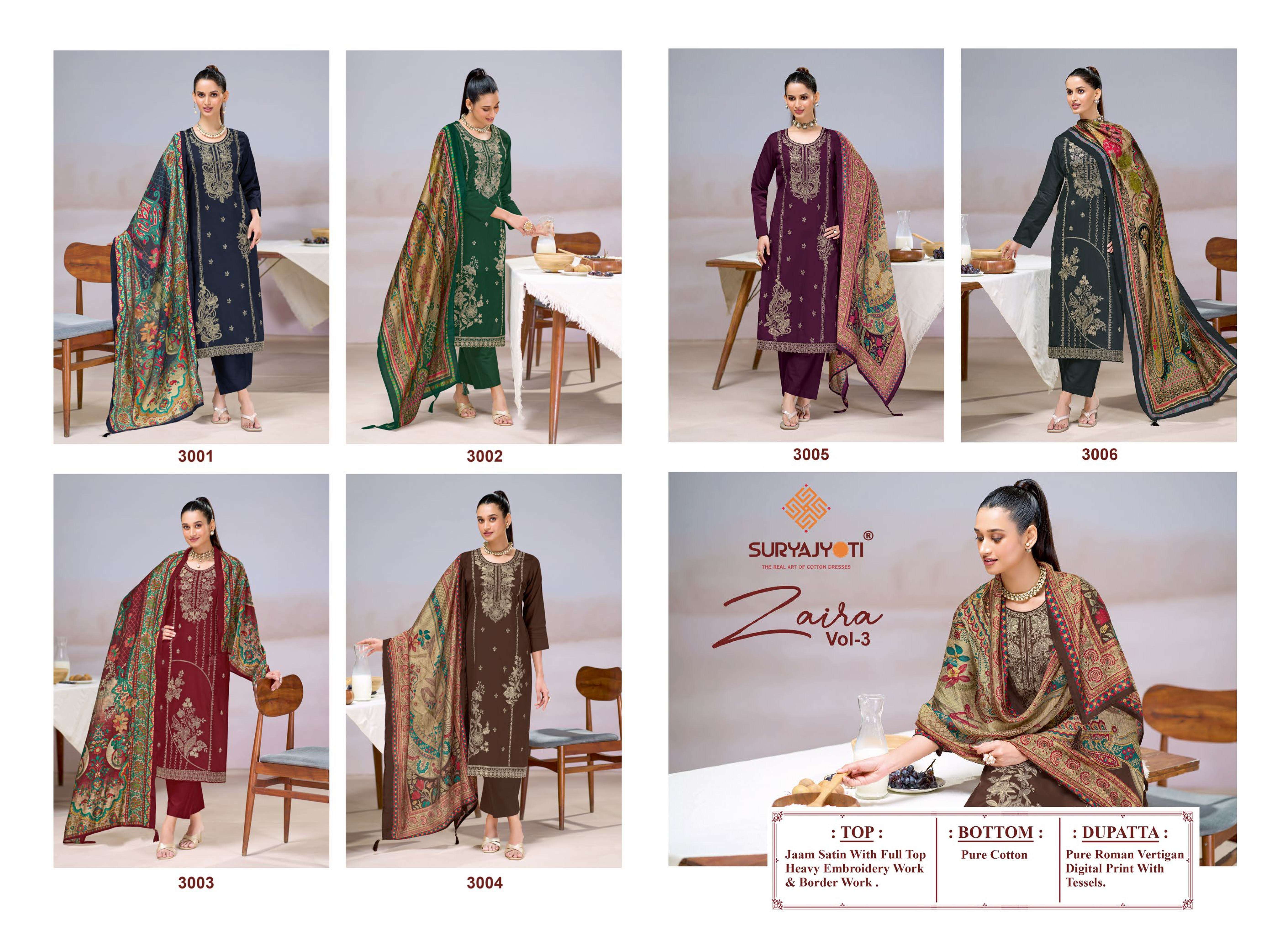 SURYAJYOTI ZAIRA VOL 3 JAM SATIN HEAVY EMBROIDERY DESIGNER WORK SUIT