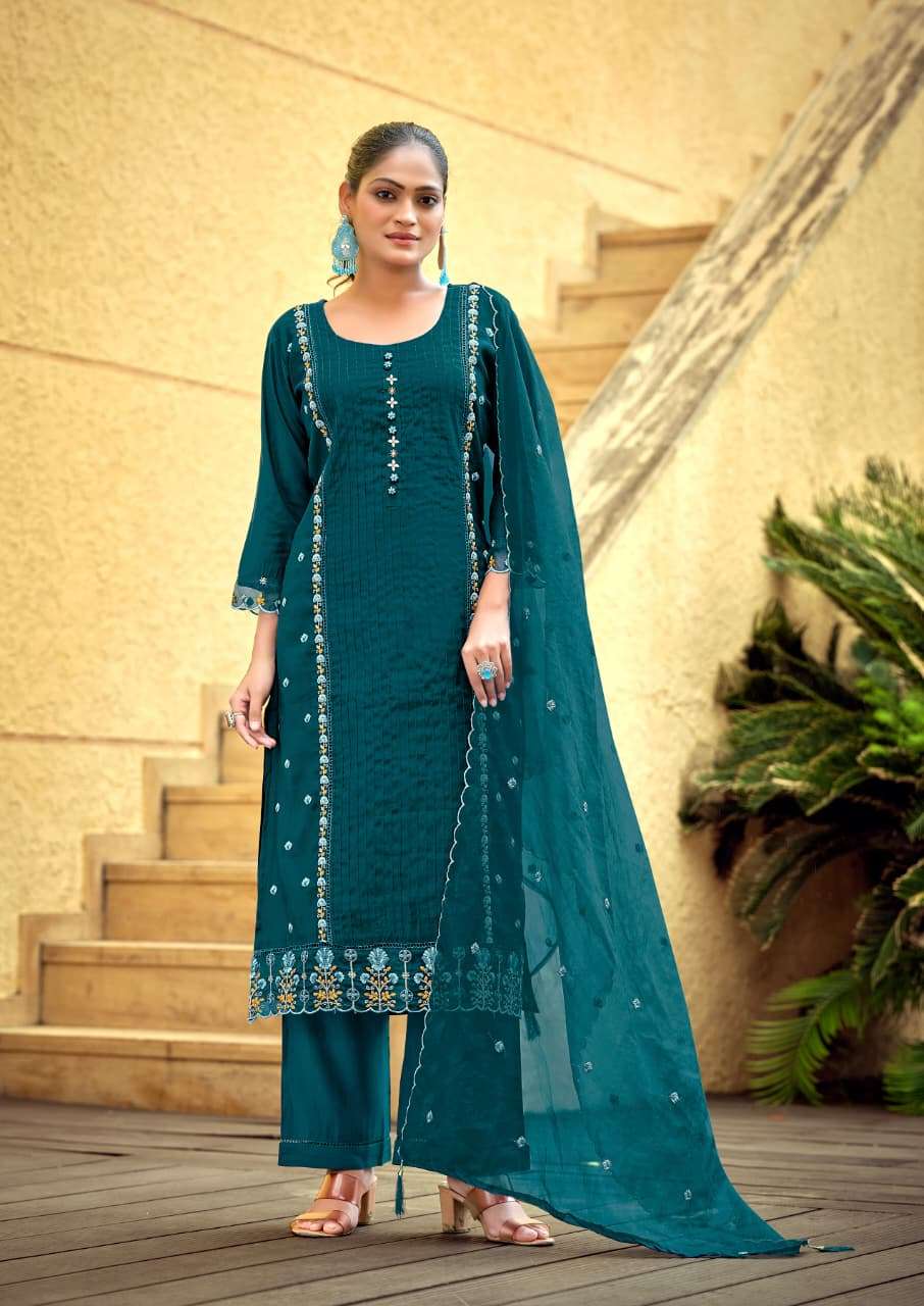 WOODEE WOMIKA VOL 2 VISCOSE SILK EMBROIDERIES WORK STRAIGHT CUT TOP BOTTOM DUPATTA SET