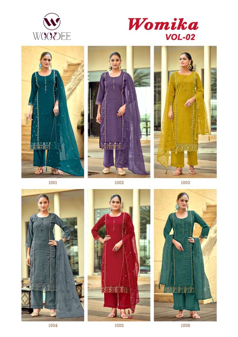 WOODEE WOMIKA VOL 2 VISCOSE SILK EMBROIDERIES WORK STRAIGHT CUT TOP BOTTOM DUPATTA SET