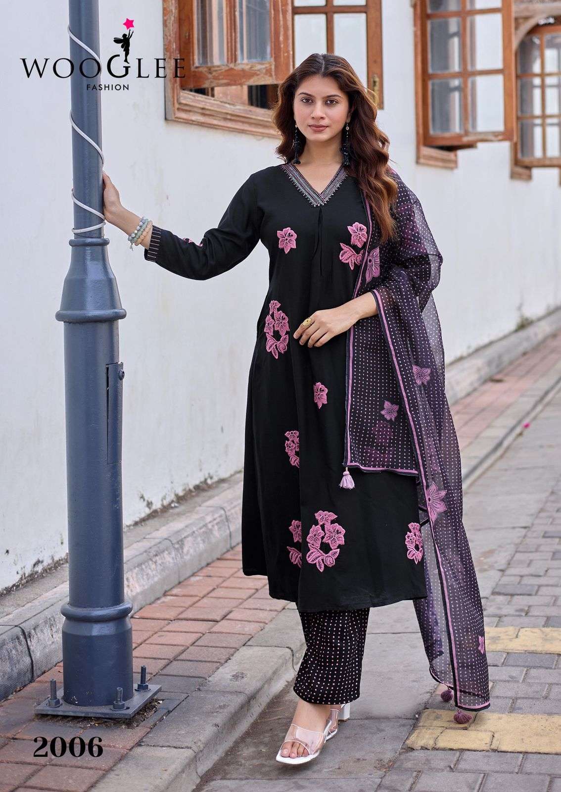 WOOGLEE VASUDHA RAYON FANCY WORKS LADIES KURTI BOTTOM AND ORGANZA DUPATTA SET