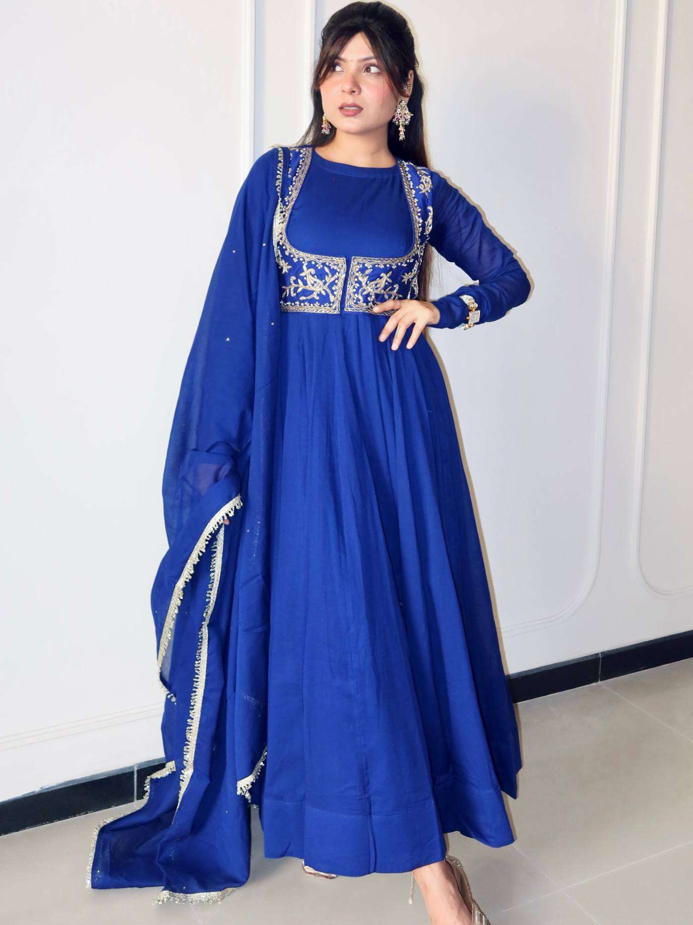 ZC BLUEBERRY CHANDERI SILK BEAUTIFUL DESIGNER LOOK PARTY WEAR GOWN WITH DUPATTA 