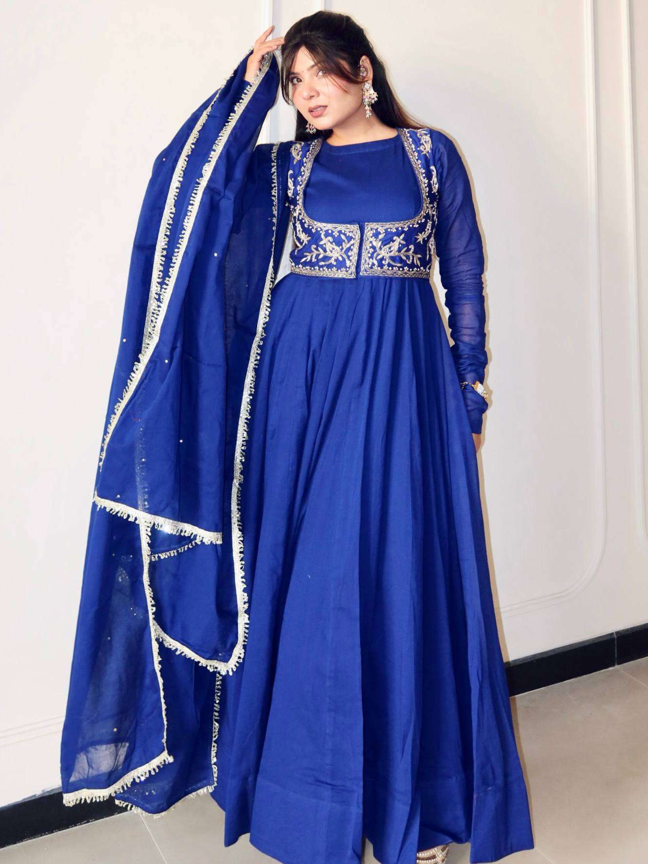 ZC BLUEBERRY CHANDERI SILK BEAUTIFUL DESIGNER LOOK PARTY WEAR GOWN WITH DUPATTA 