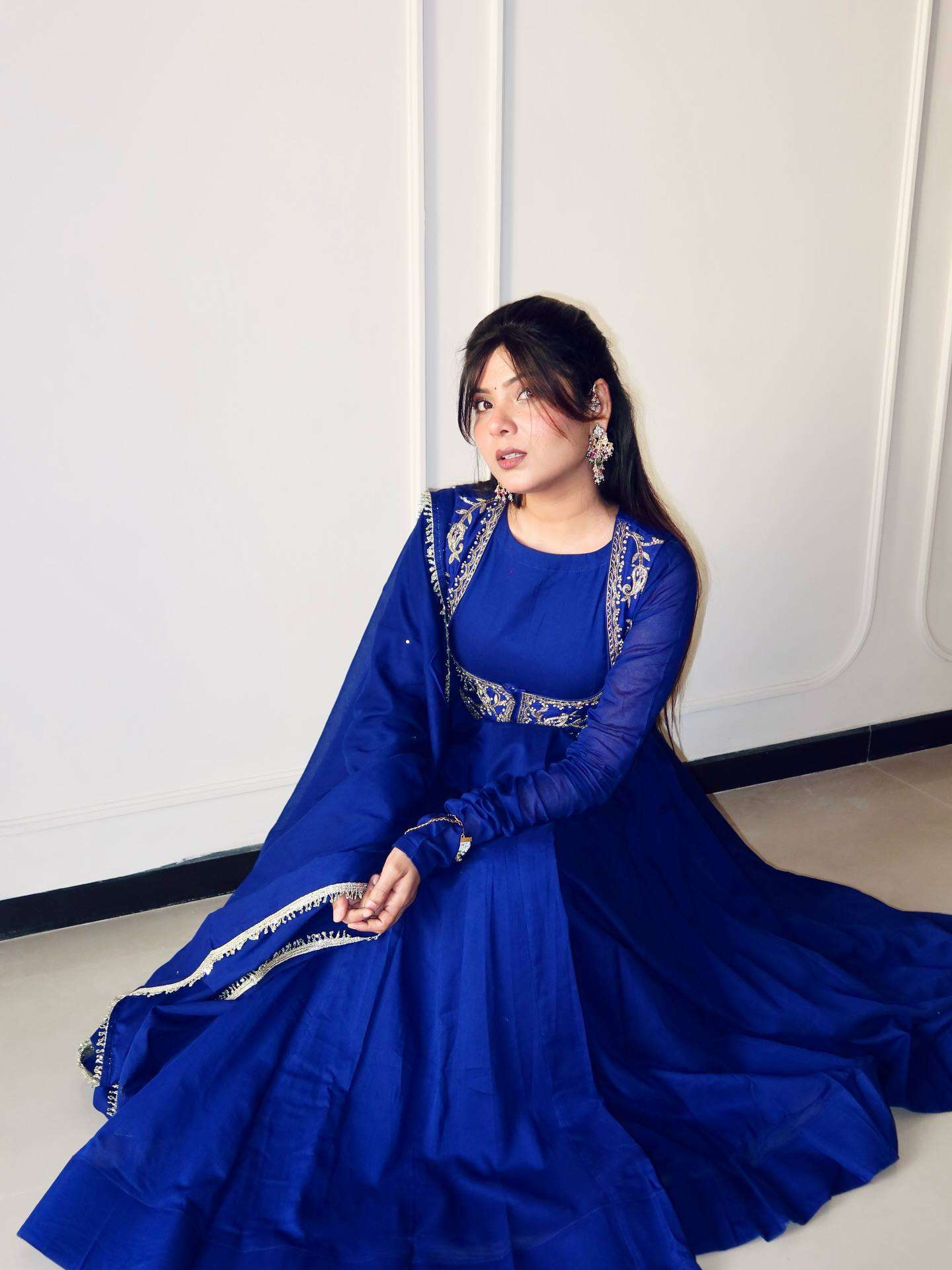 ZC BLUEBERRY CHANDERI SILK BEAUTIFUL DESIGNER LOOK PARTY WEAR GOWN WITH DUPATTA 