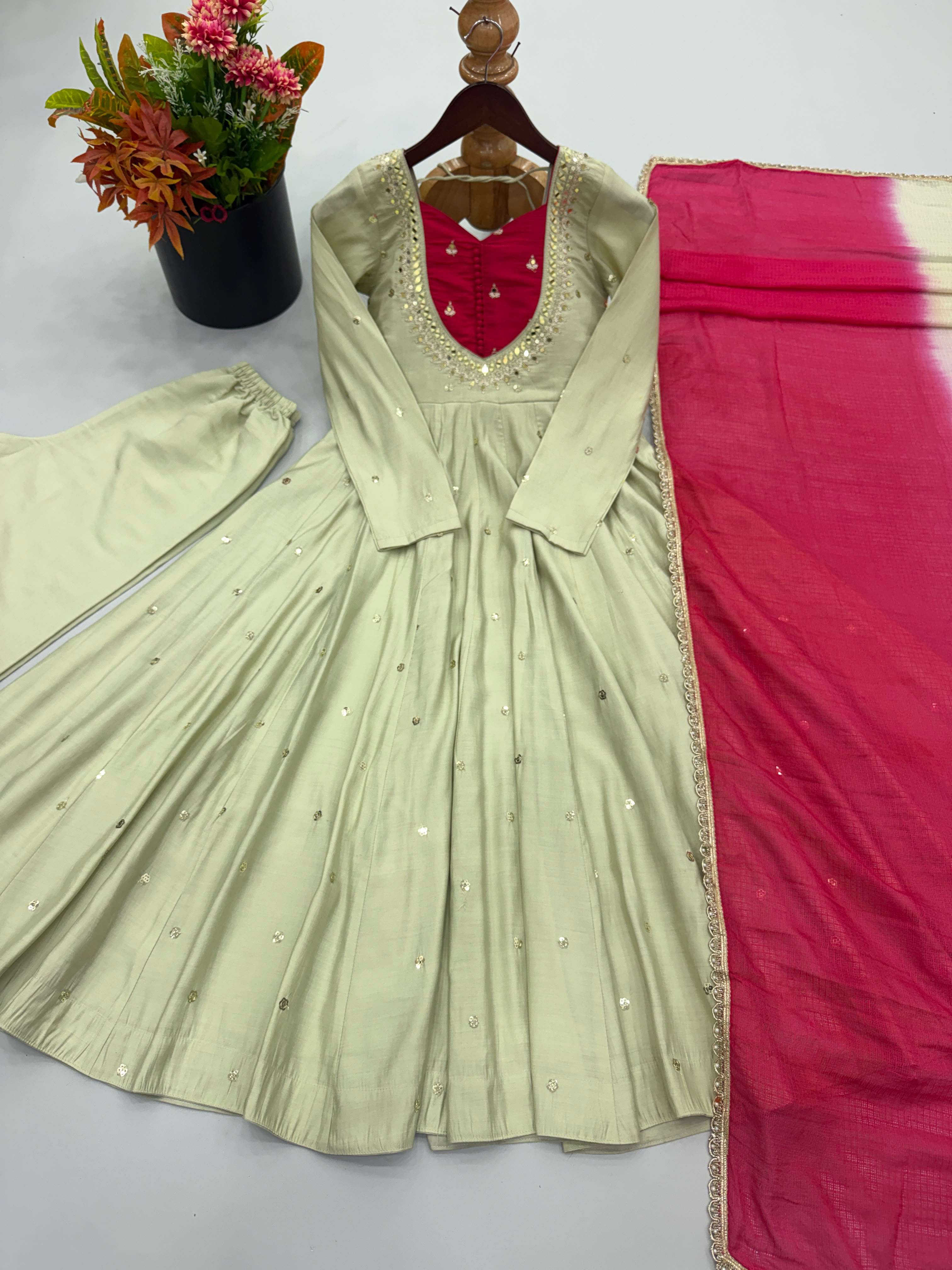 ZF 5023 SILK SEQUENCE EMBROIDERY DESIGNER WORK READY MADE ANARKALI GOWN STYLE SUIT