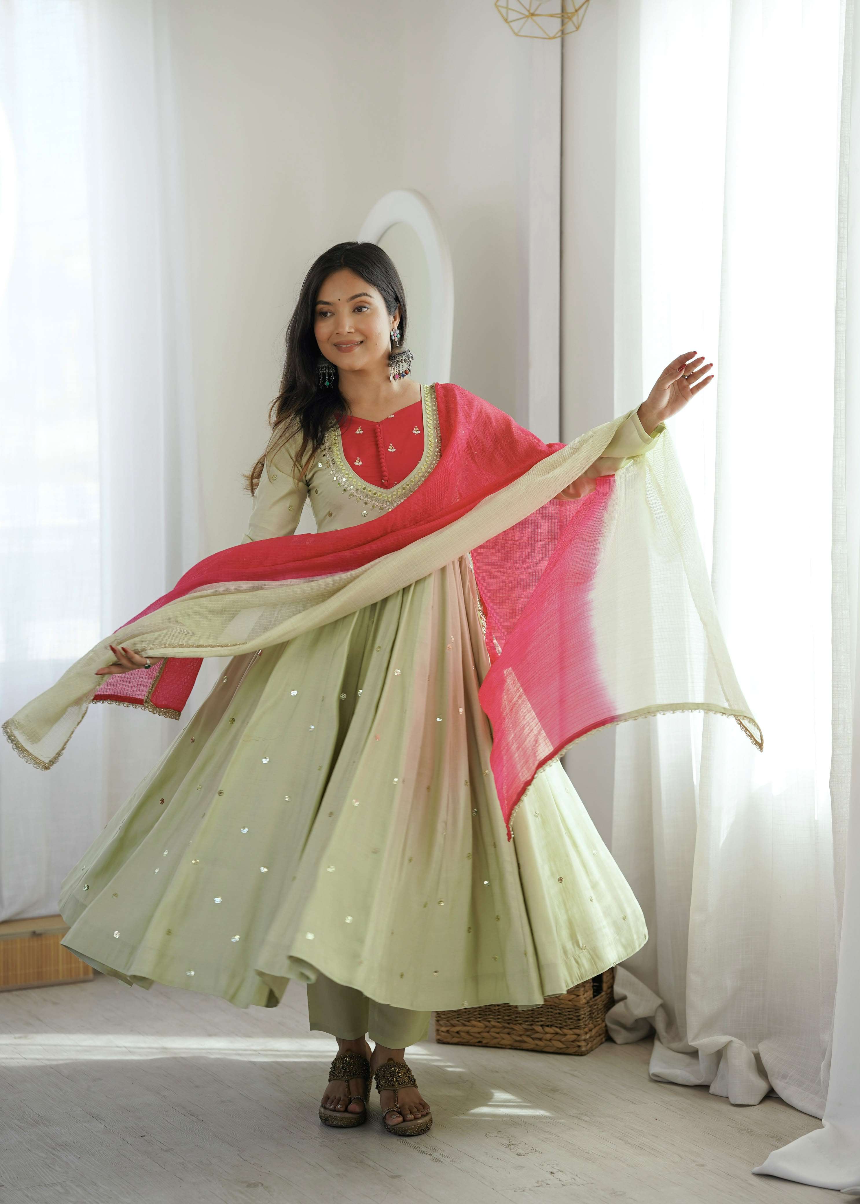 ZF 5023 SILK SEQUENCE EMBROIDERY DESIGNER WORK READY MADE ANARKALI GOWN STYLE SUIT