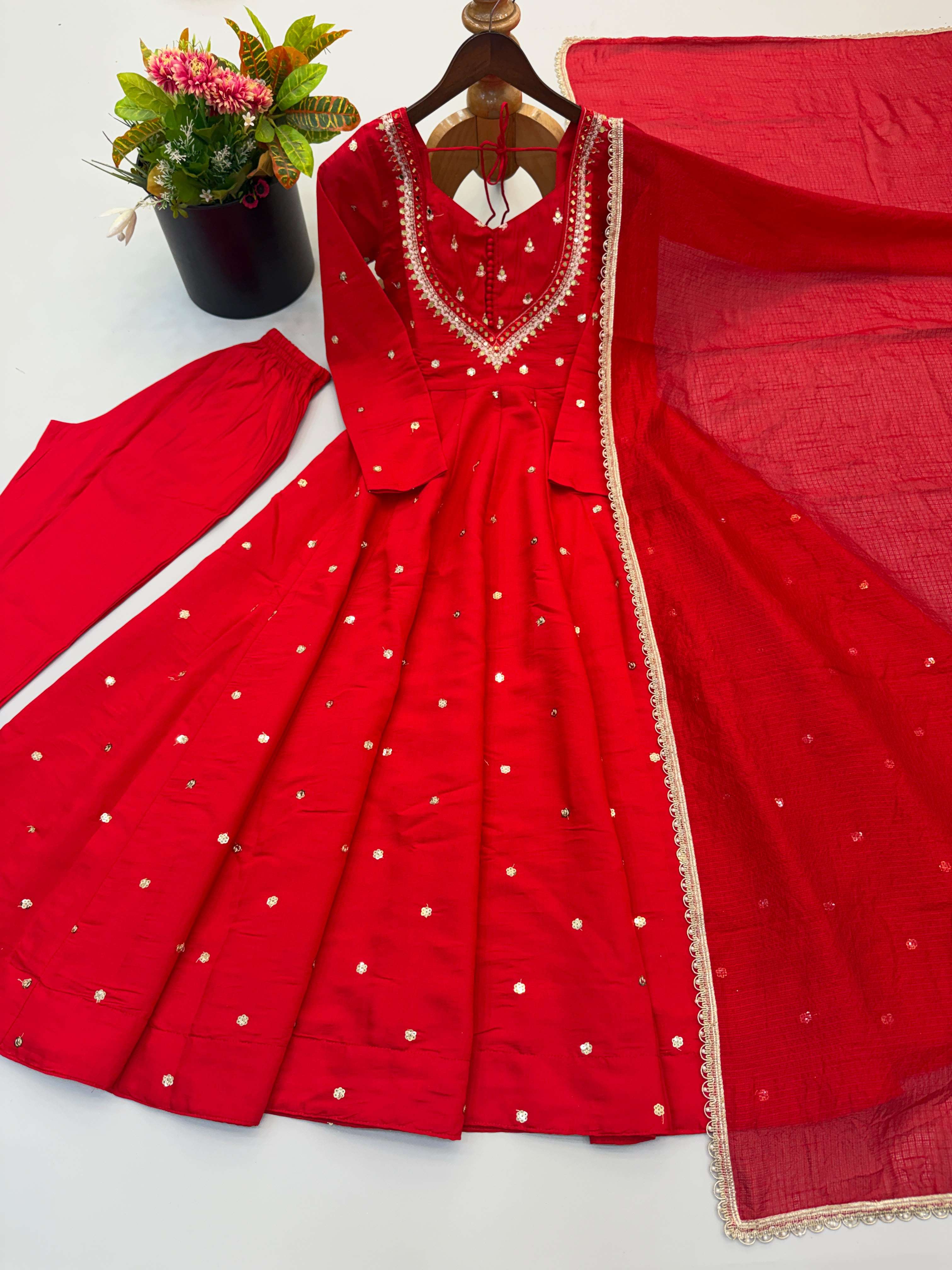 ZF 5023 SILK SEQUENCE EMBROIDERY DESIGNER WORK READY MADE ANARKALI GOWN STYLE SUIT