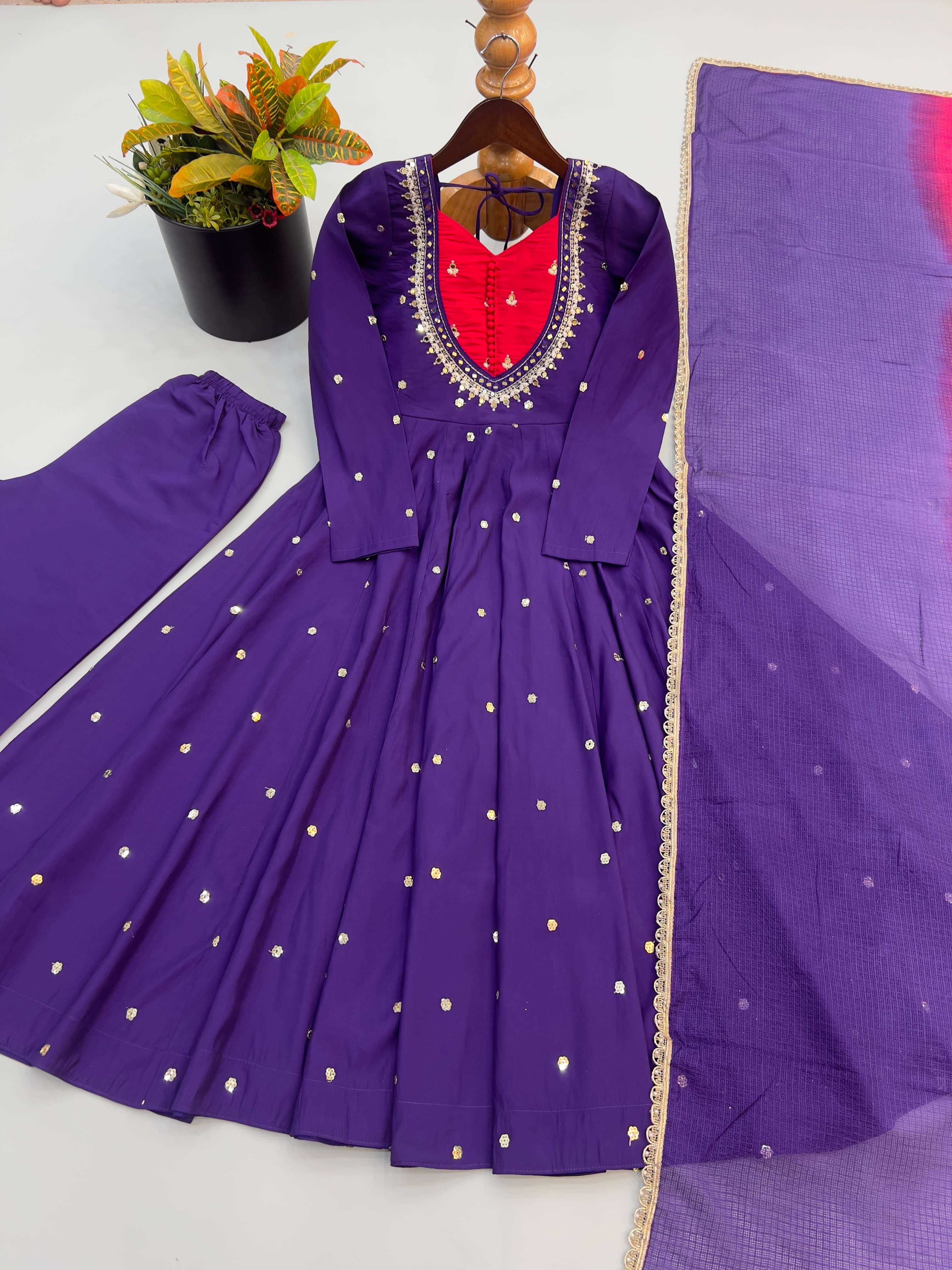 ZF 5023 SILK SEQUENCE EMBROIDERY DESIGNER WORK READY MADE ANARKALI GOWN STYLE SUIT