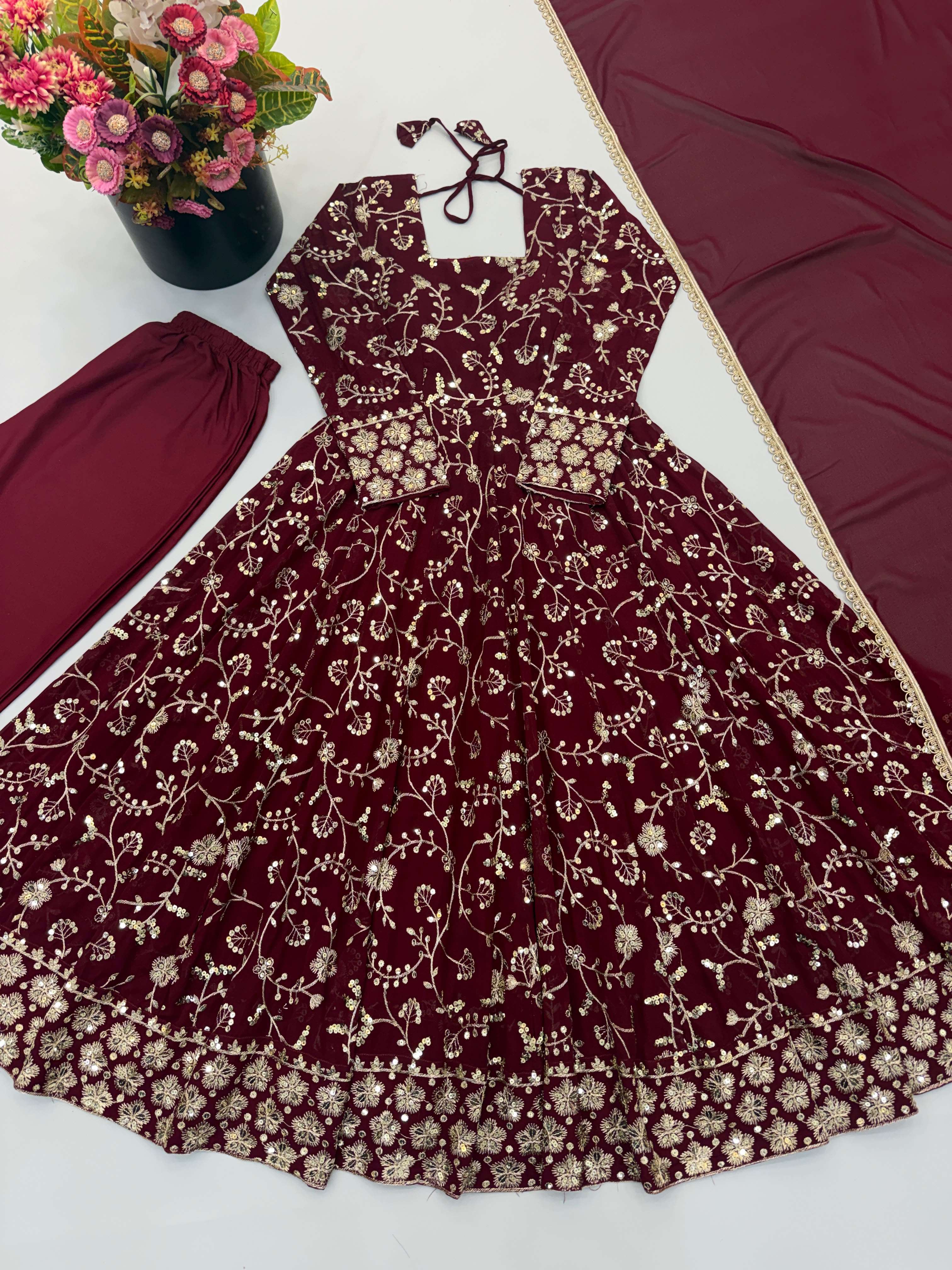 ZF 5024 GEORGETTE HEAVY SEQUENCE EMBROIDERY DESIGNER ANARKALI 3PCS SET 
