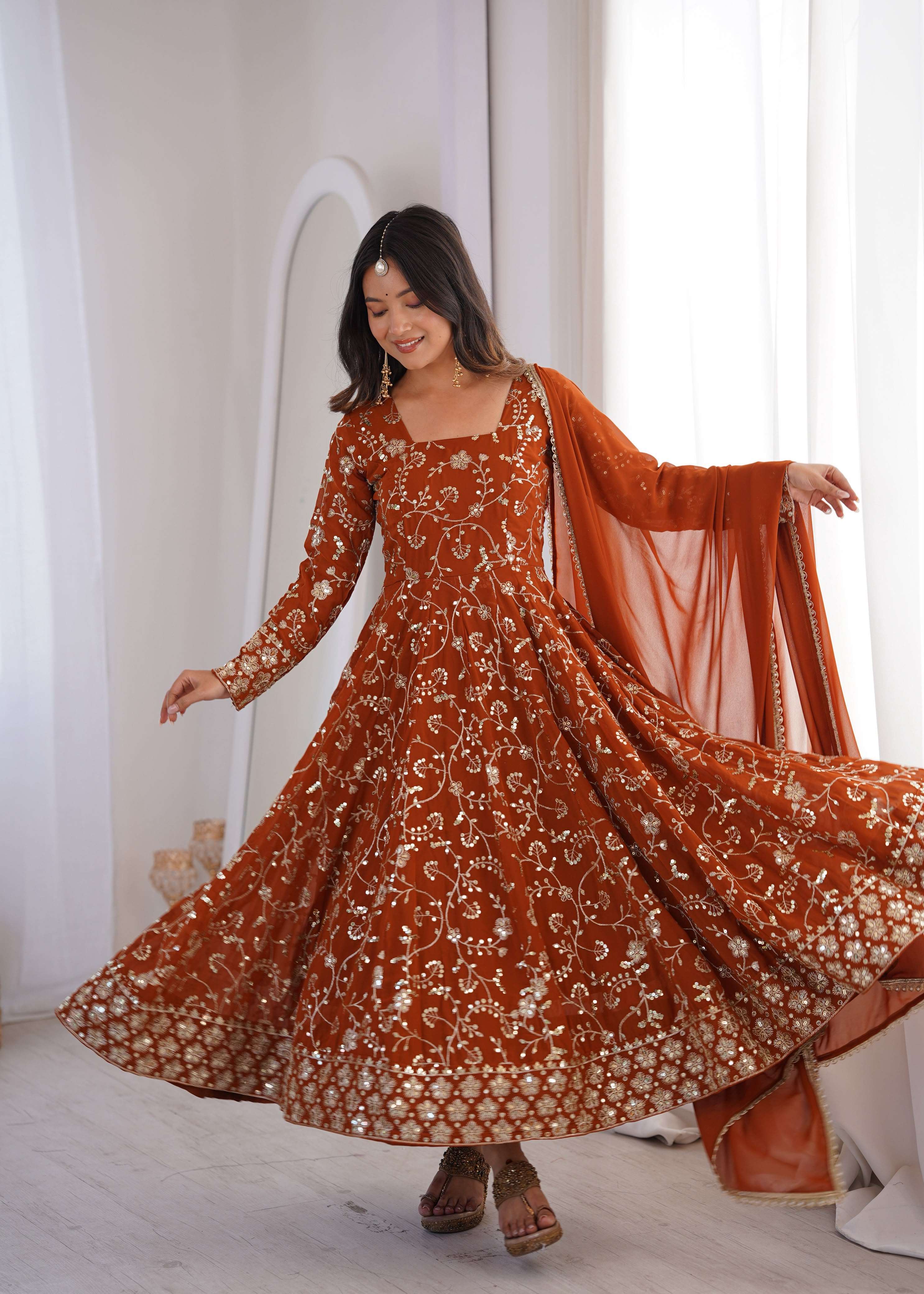 ZF 5024 GEORGETTE HEAVY SEQUENCE EMBROIDERY DESIGNER ANARKALI 3PCS SET 