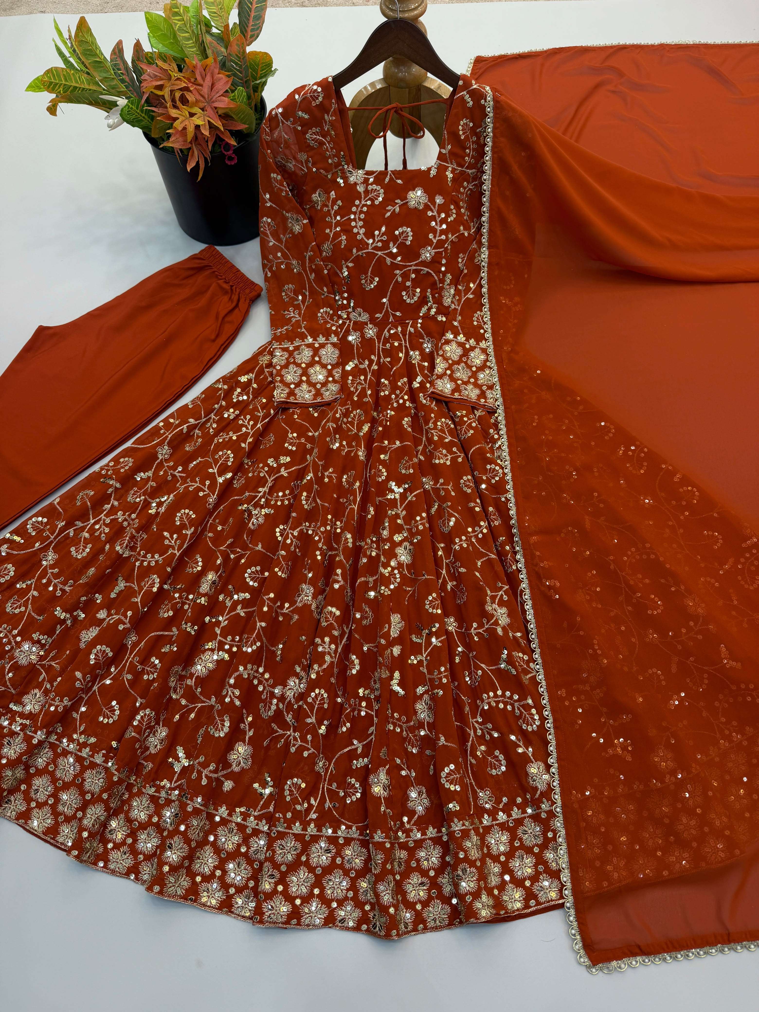 ZF 5024 GEORGETTE HEAVY SEQUENCE EMBROIDERY DESIGNER ANARKALI 3PCS SET 