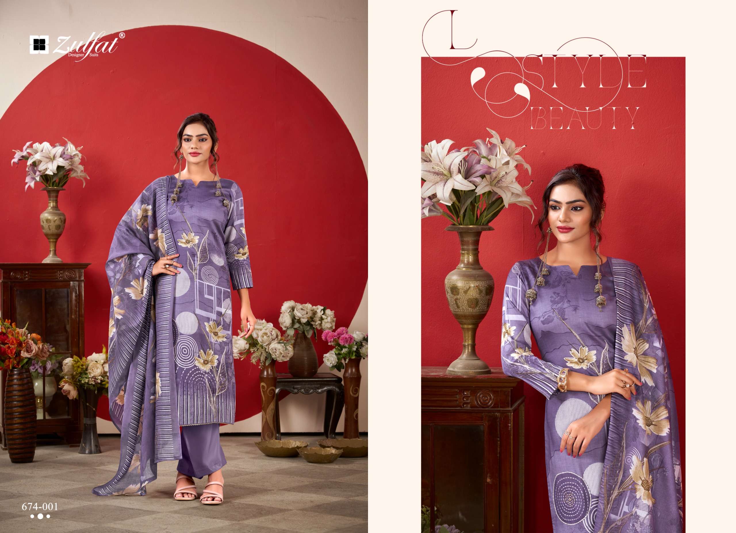 ZULFAT DESIGNER SUITS ROSHNI VOL 2 JAM COTTON PRINT WITH FANCY WORK SUIT
