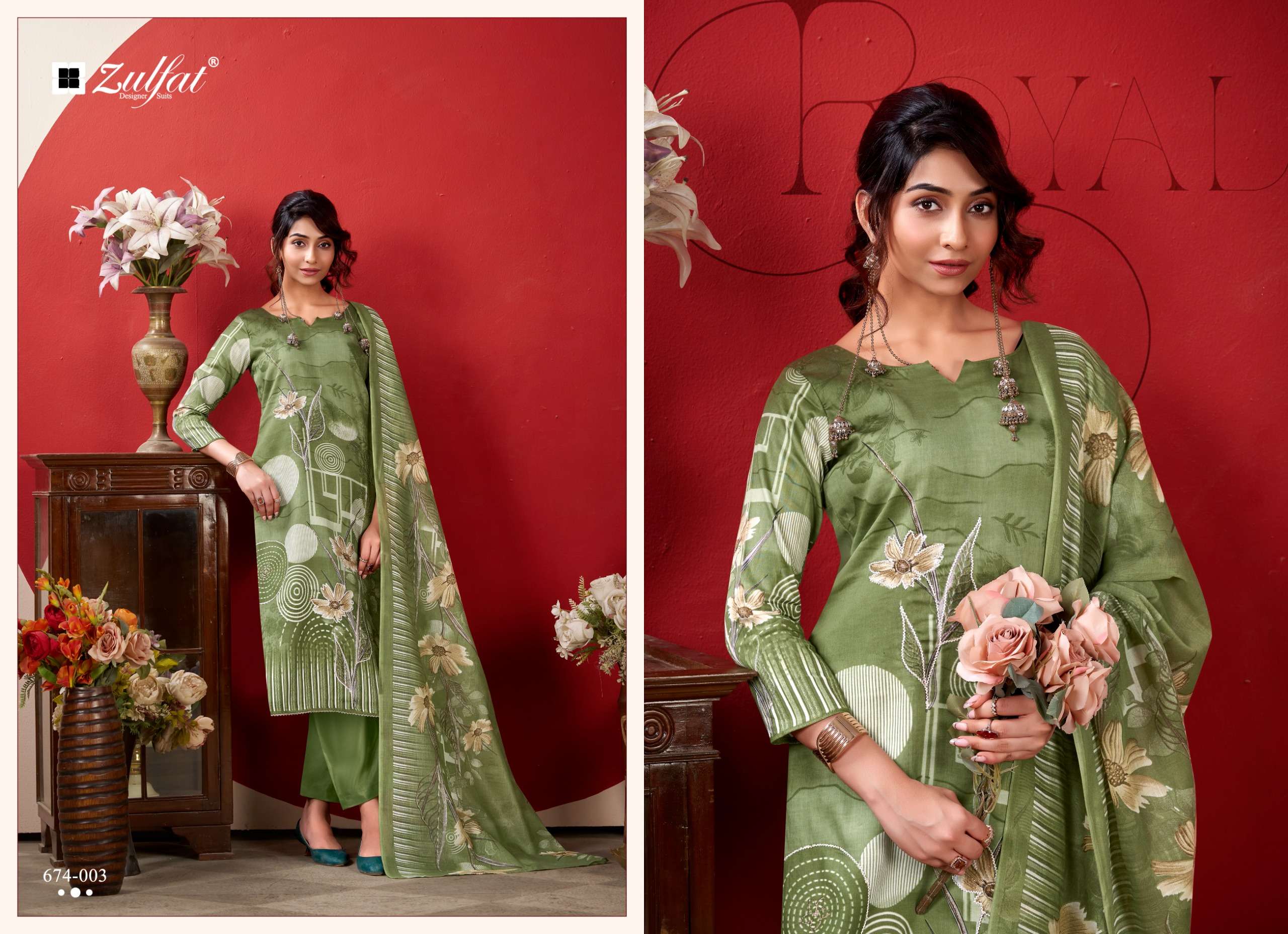 ZULFAT DESIGNER SUITS ROSHNI VOL 2 JAM COTTON PRINT WITH FANCY WORK SUIT