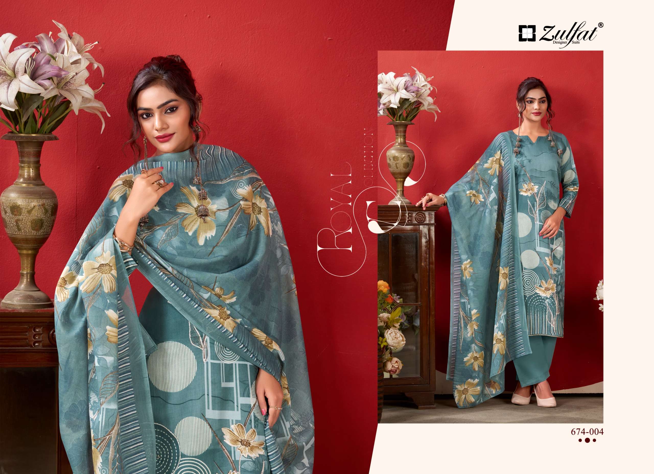ZULFAT DESIGNER SUITS ROSHNI VOL 2 JAM COTTON PRINT WITH FANCY WORK SUIT