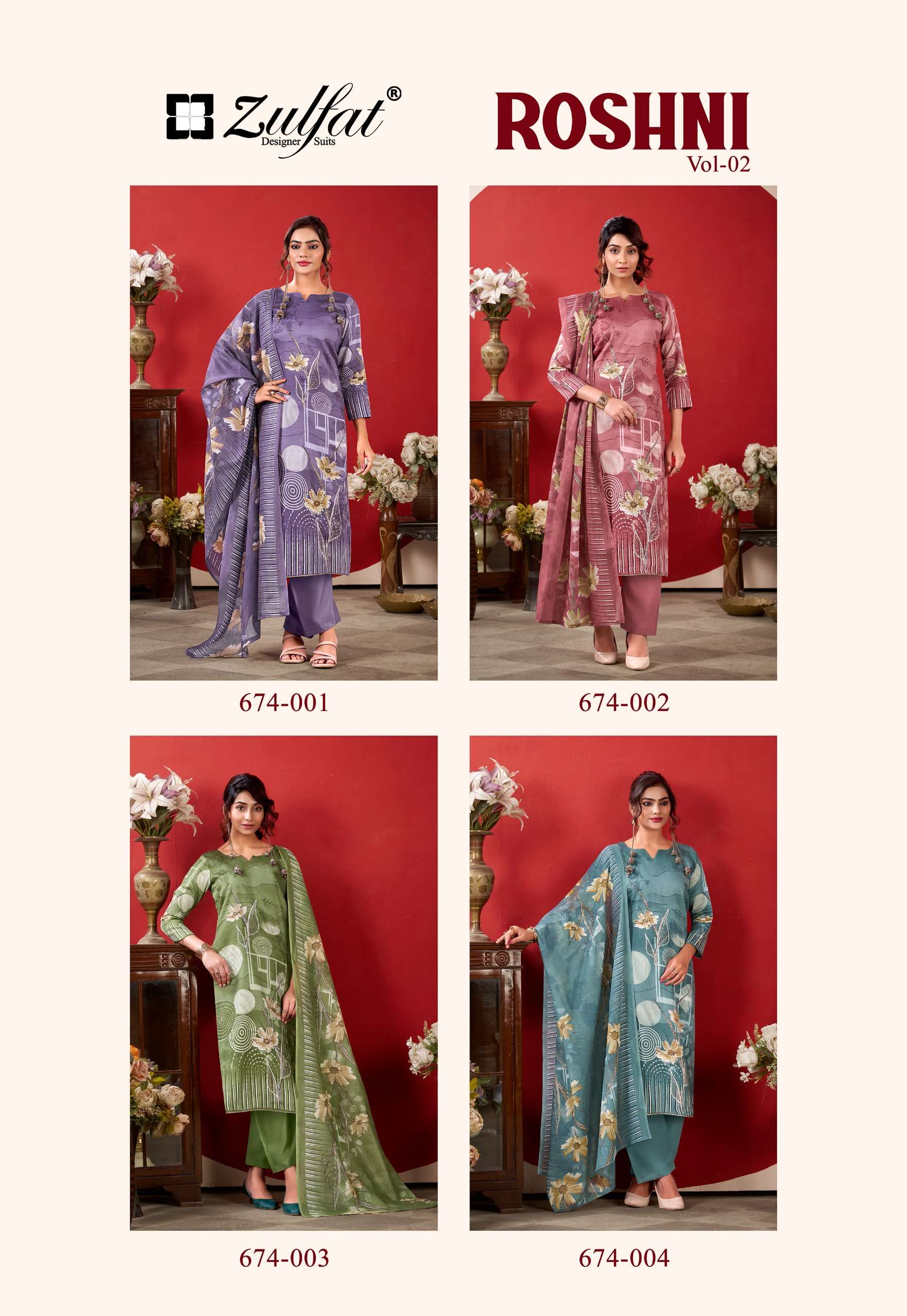 ZULFAT DESIGNER SUITS ROSHNI VOL 2 JAM COTTON PRINT WITH FANCY WORK SUIT