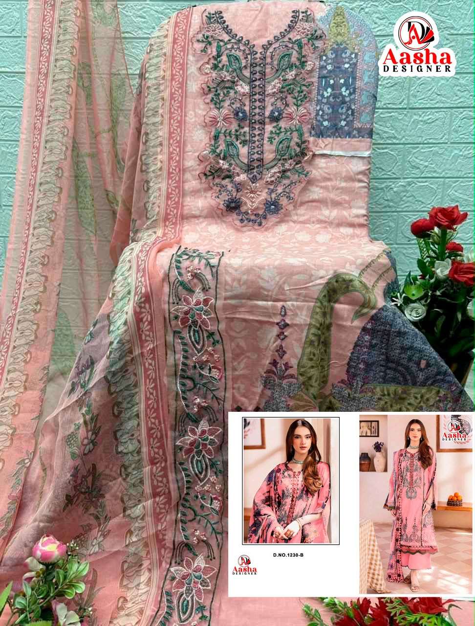 AASHA DESIGNER D NO 1230 COTTON PATCH EMBROIDERY DESIGNER WORK PAKISTANI SUIT