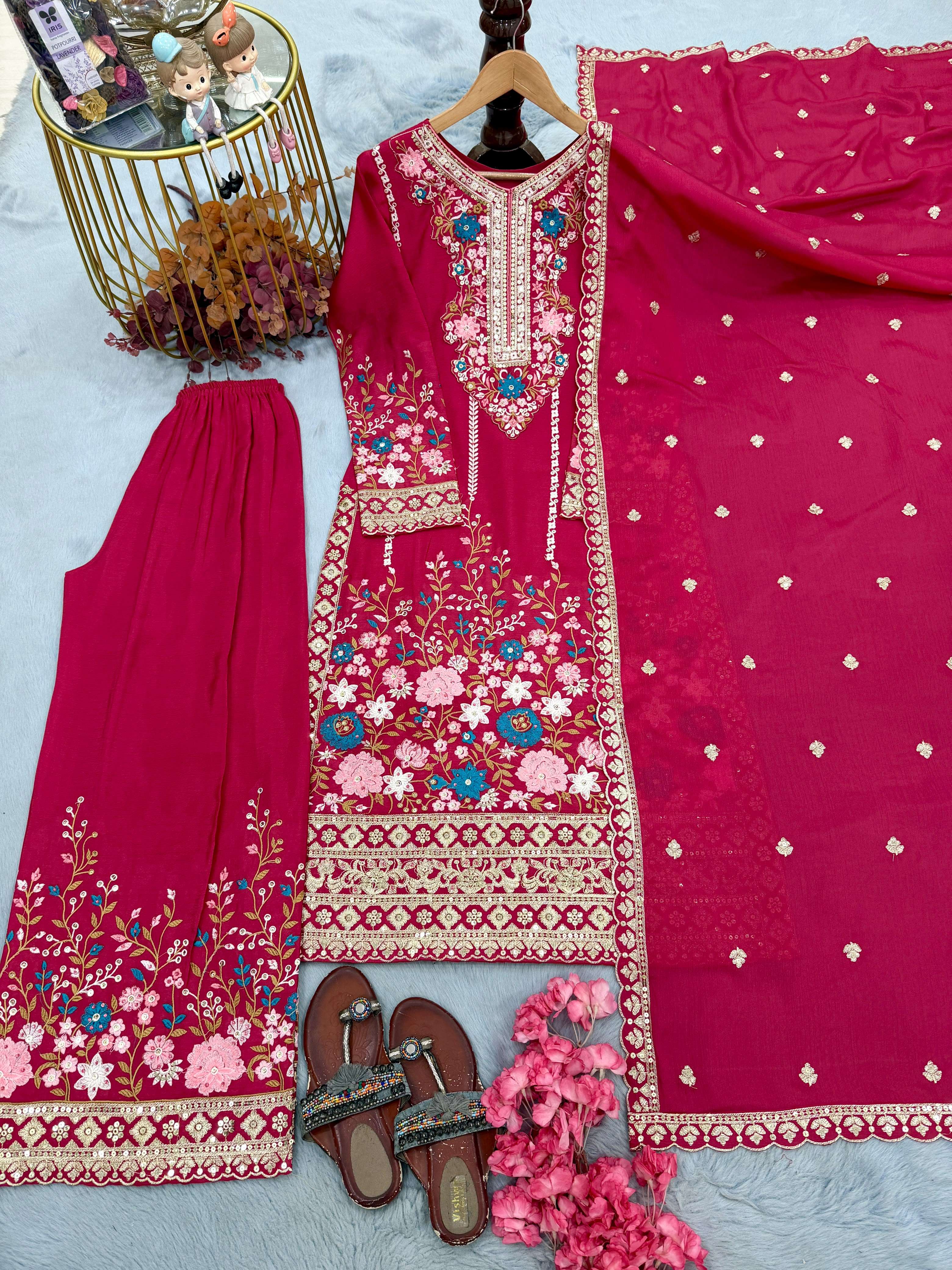 AD 140 SILK HEAVY EMBROIDERD DESIGNER TOP PLAZZO AND DUPATTA SET 