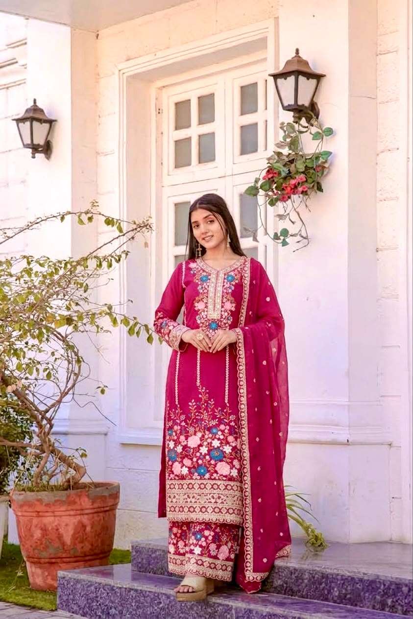 AD 140 SILK HEAVY EMBROIDERD DESIGNER TOP PLAZZO AND DUPATTA SET 