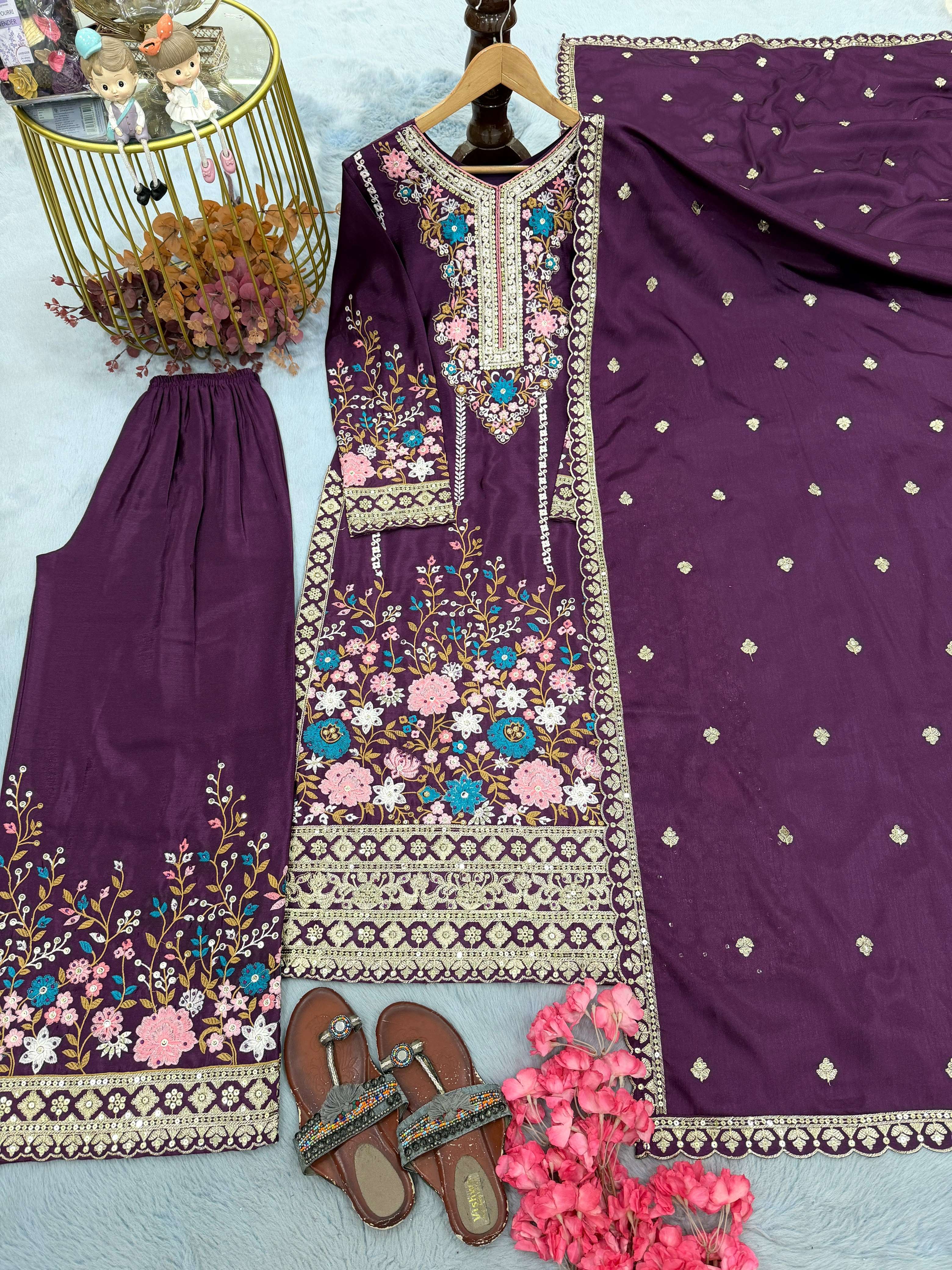 AD 140 SILK HEAVY EMBROIDERD DESIGNER TOP PLAZZO AND DUPATTA SET 