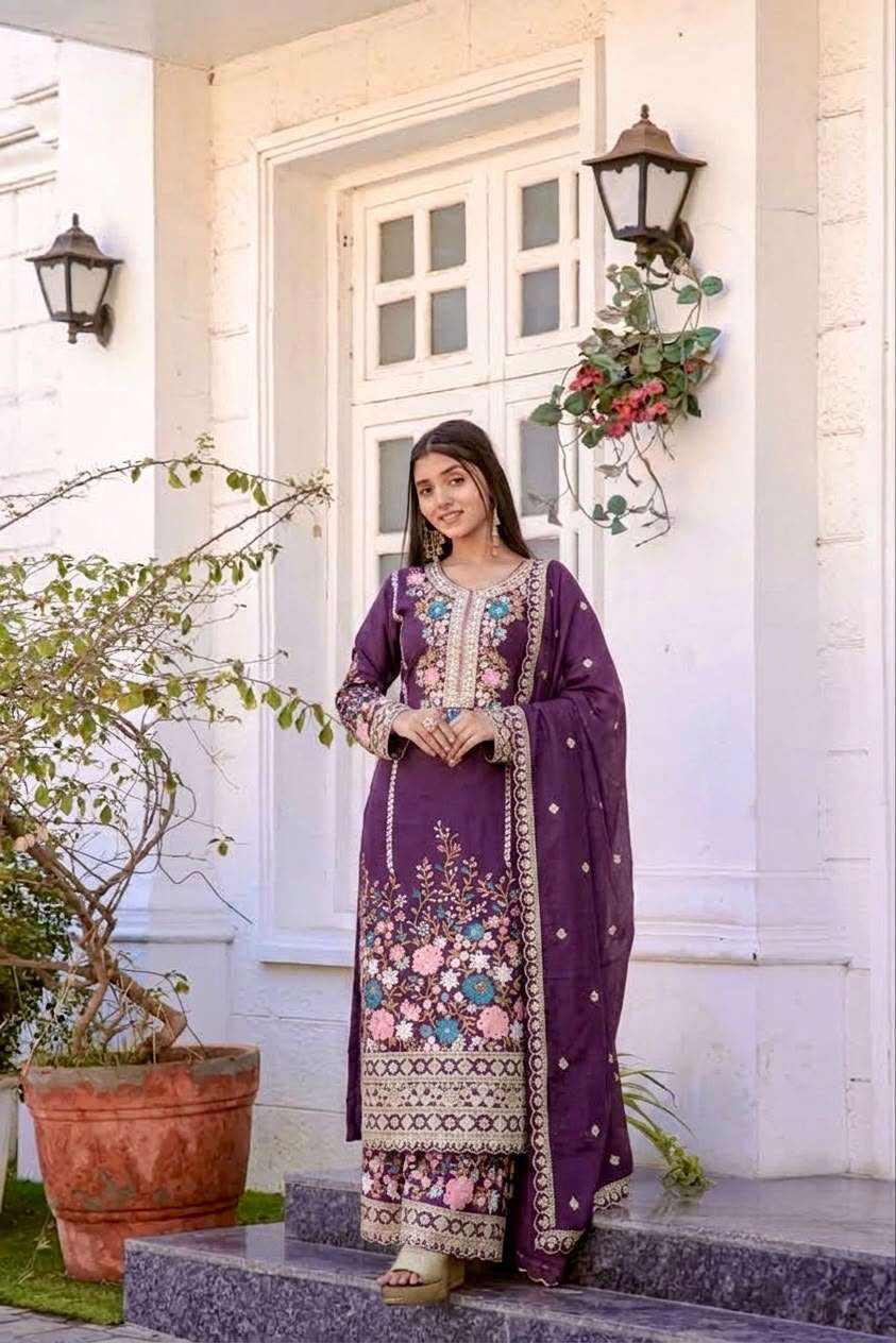 AD 140 SILK HEAVY EMBROIDERD DESIGNER TOP PLAZZO AND DUPATTA SET 
