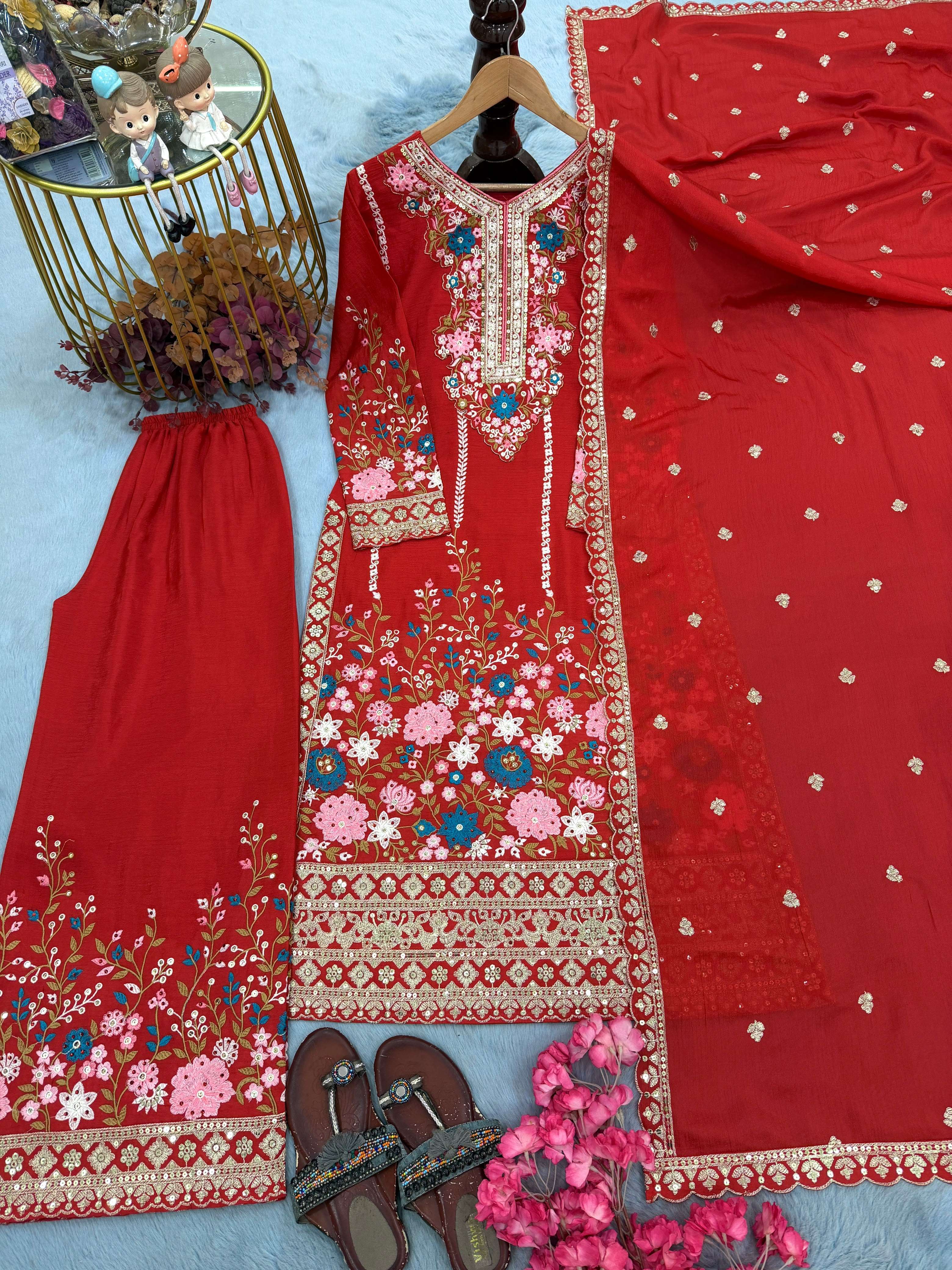 AD 140 SILK HEAVY EMBROIDERD DESIGNER TOP PLAZZO AND DUPATTA SET 