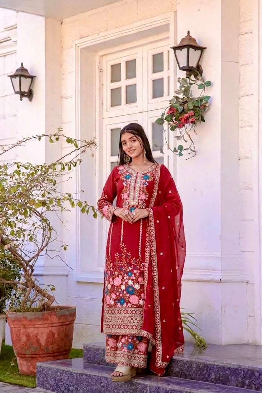 AD 140 SILK HEAVY EMBROIDERD DESIGNER TOP PLAZZO AND DUPATTA SET 