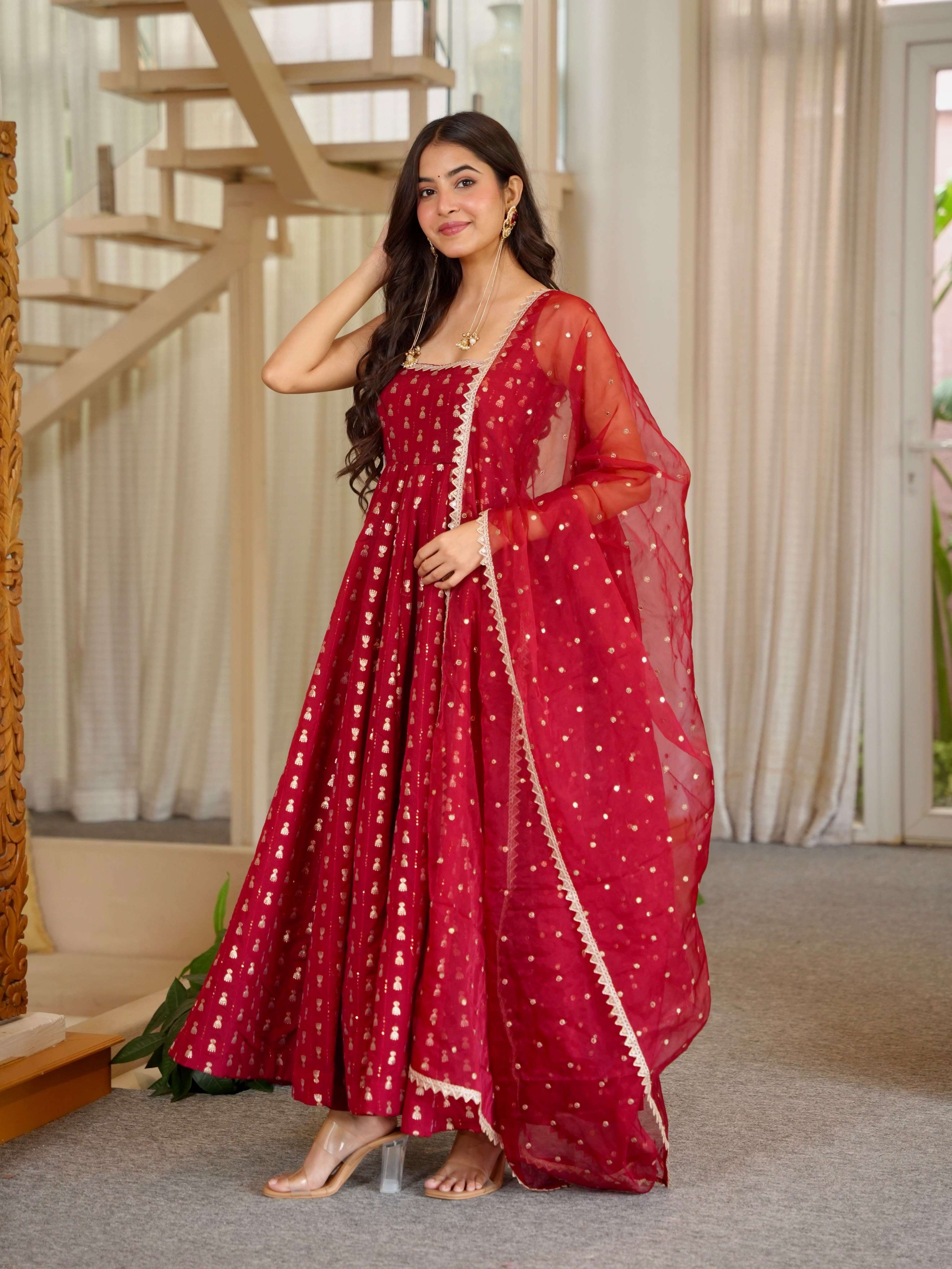 AD 247 CHINON SILK DESIGNER ANARKALI STYLE LADIES KURTI BOTTOM AND DUPATTA SET 