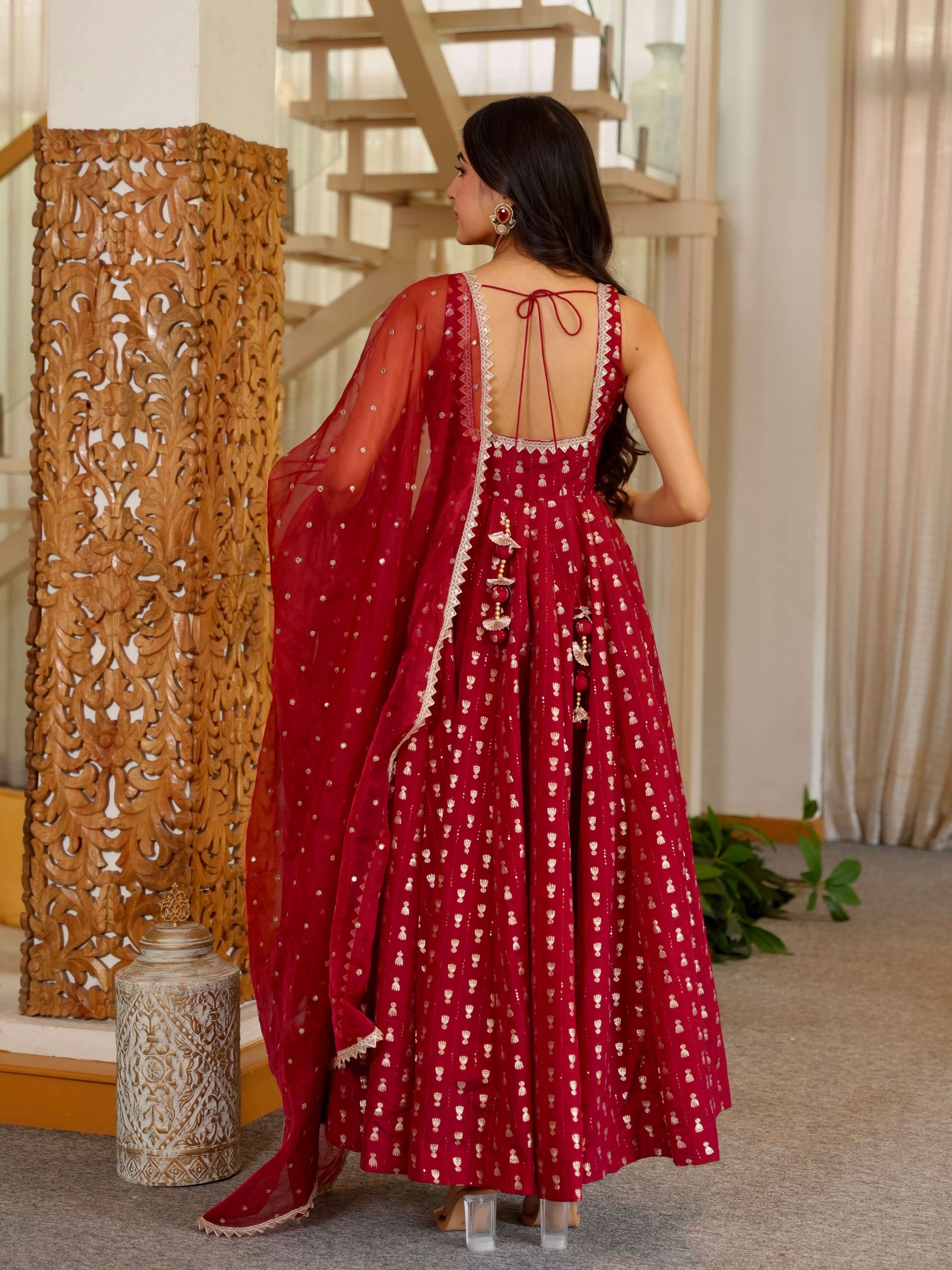 AD 247 CHINON SILK DESIGNER ANARKALI STYLE LADIES KURTI BOTTOM AND DUPATTA SET 