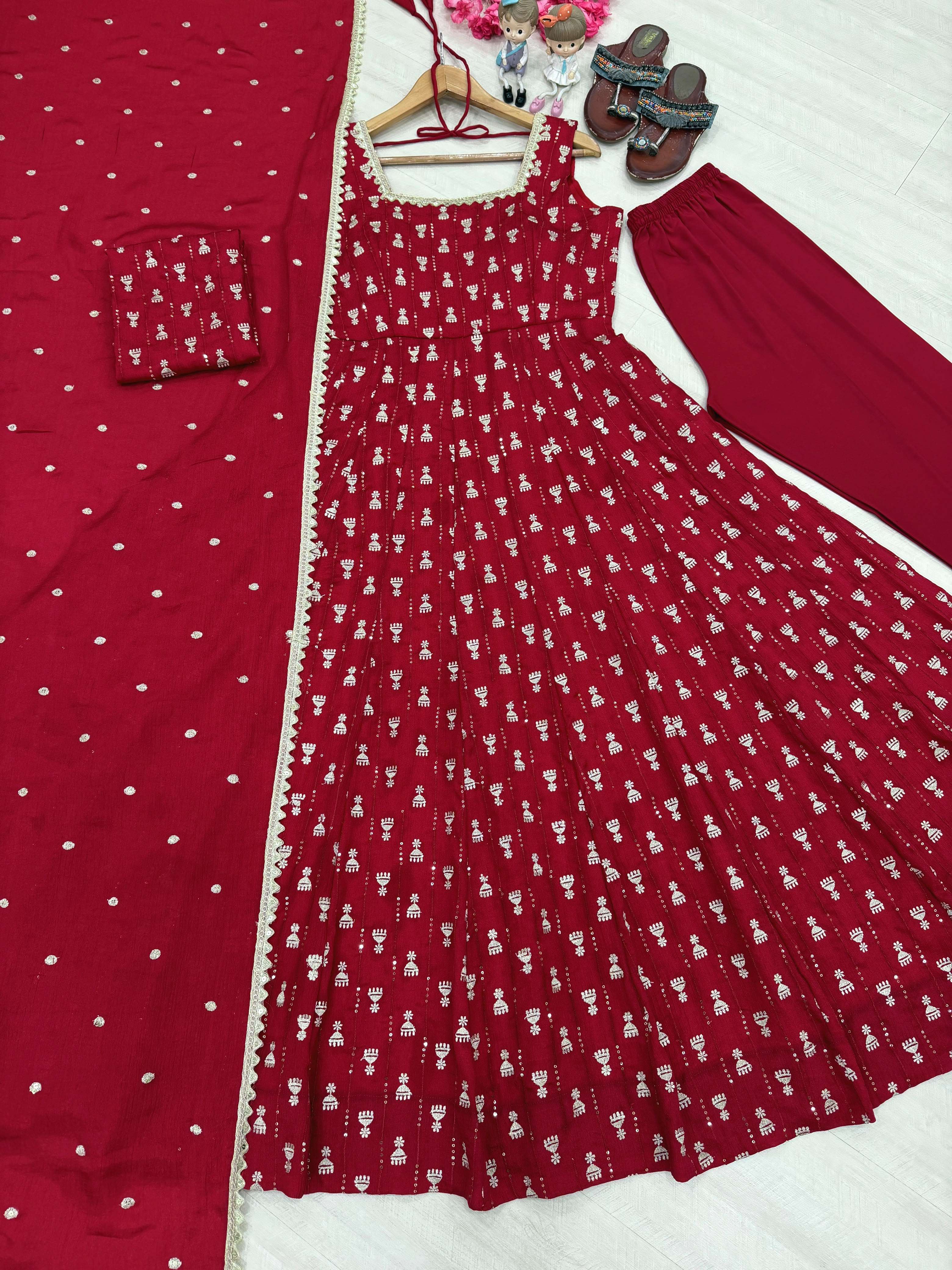 AD 247 CHINON SILK DESIGNER ANARKALI STYLE LADIES KURTI BOTTOM AND DUPATTA SET 