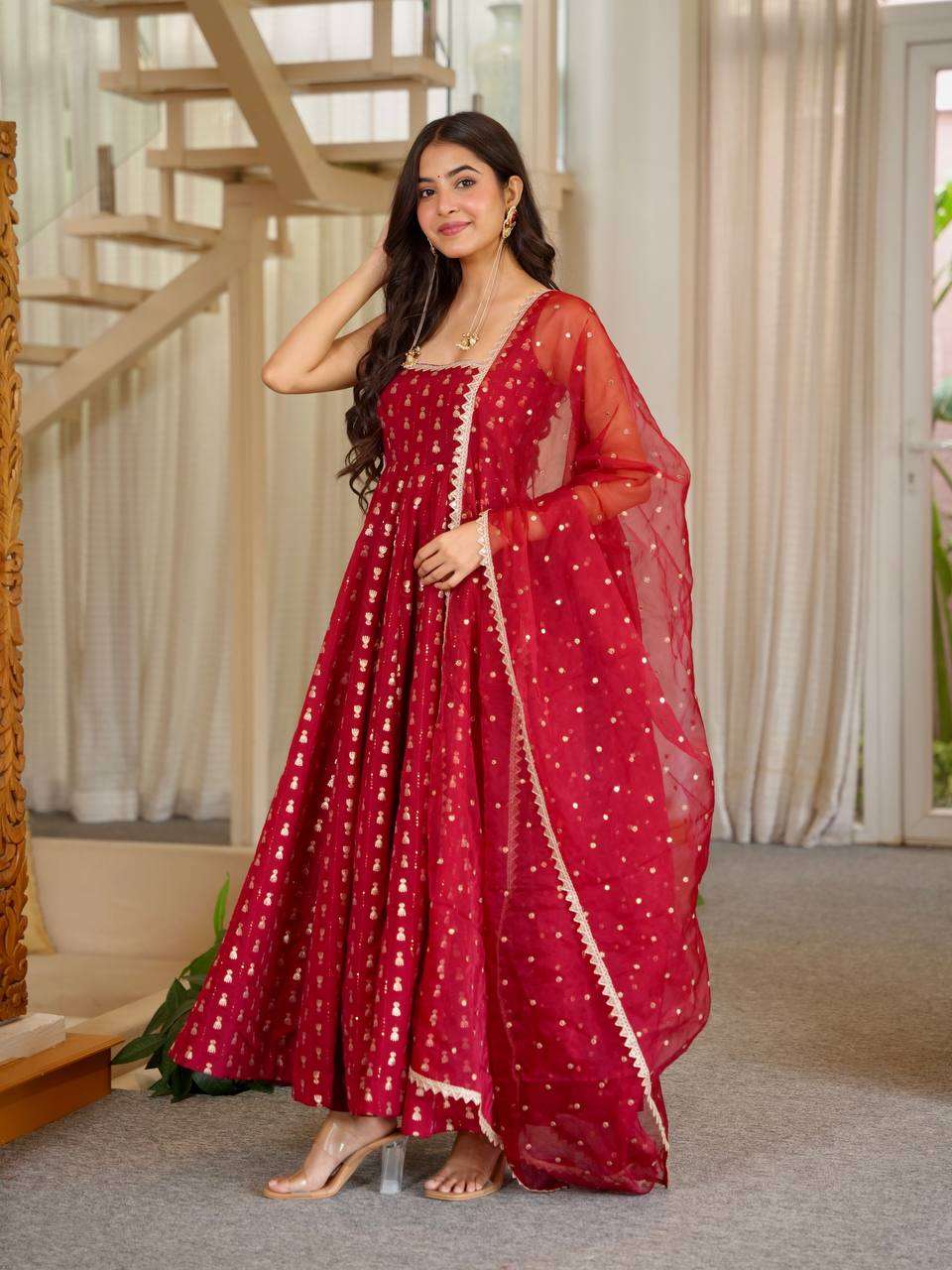 AD 248 CHINON SILK HEAVY SEQUENCE EMBROIDERY DESIGNER WORK ANARKALI GOWN BOTTOM AND DUPATTA SET 