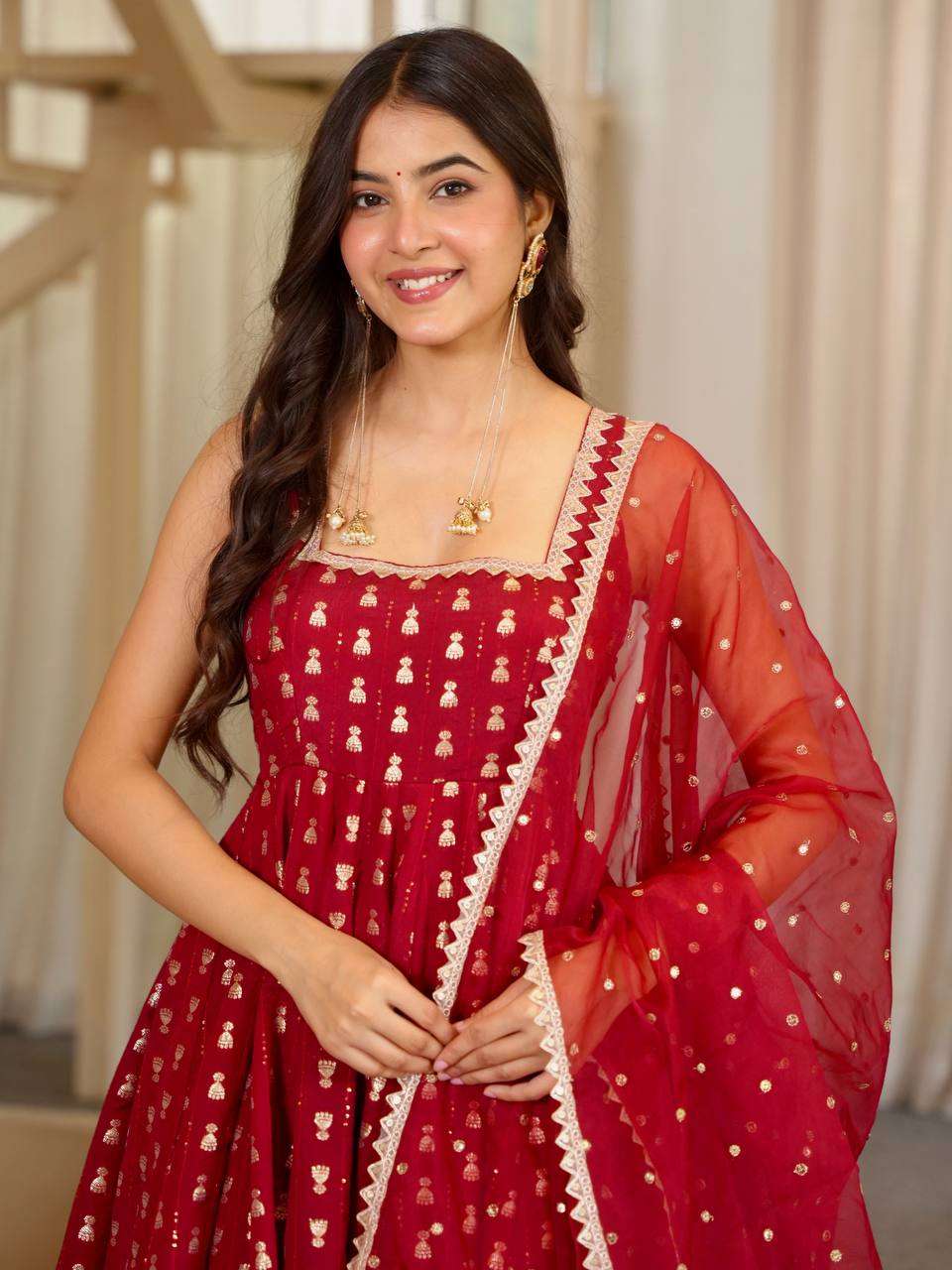 AD 248 CHINON SILK HEAVY SEQUENCE EMBROIDERY DESIGNER WORK ANARKALI GOWN BOTTOM AND DUPATTA SET 