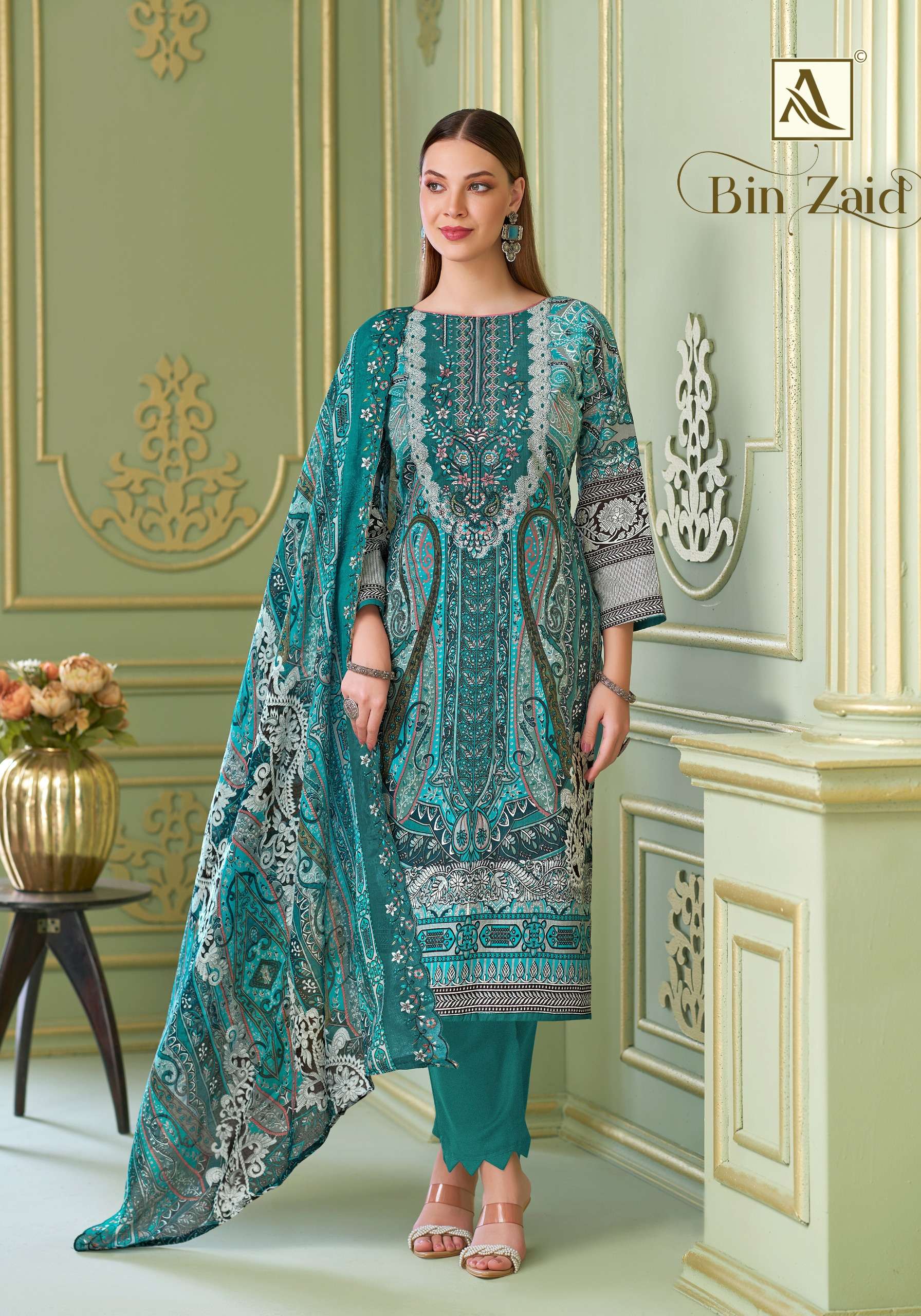 ALOK SUITS BIN ZAID COTTON DIGITAL PAKISTANI STYLE PRINT WITH FANCY WORK SUIT