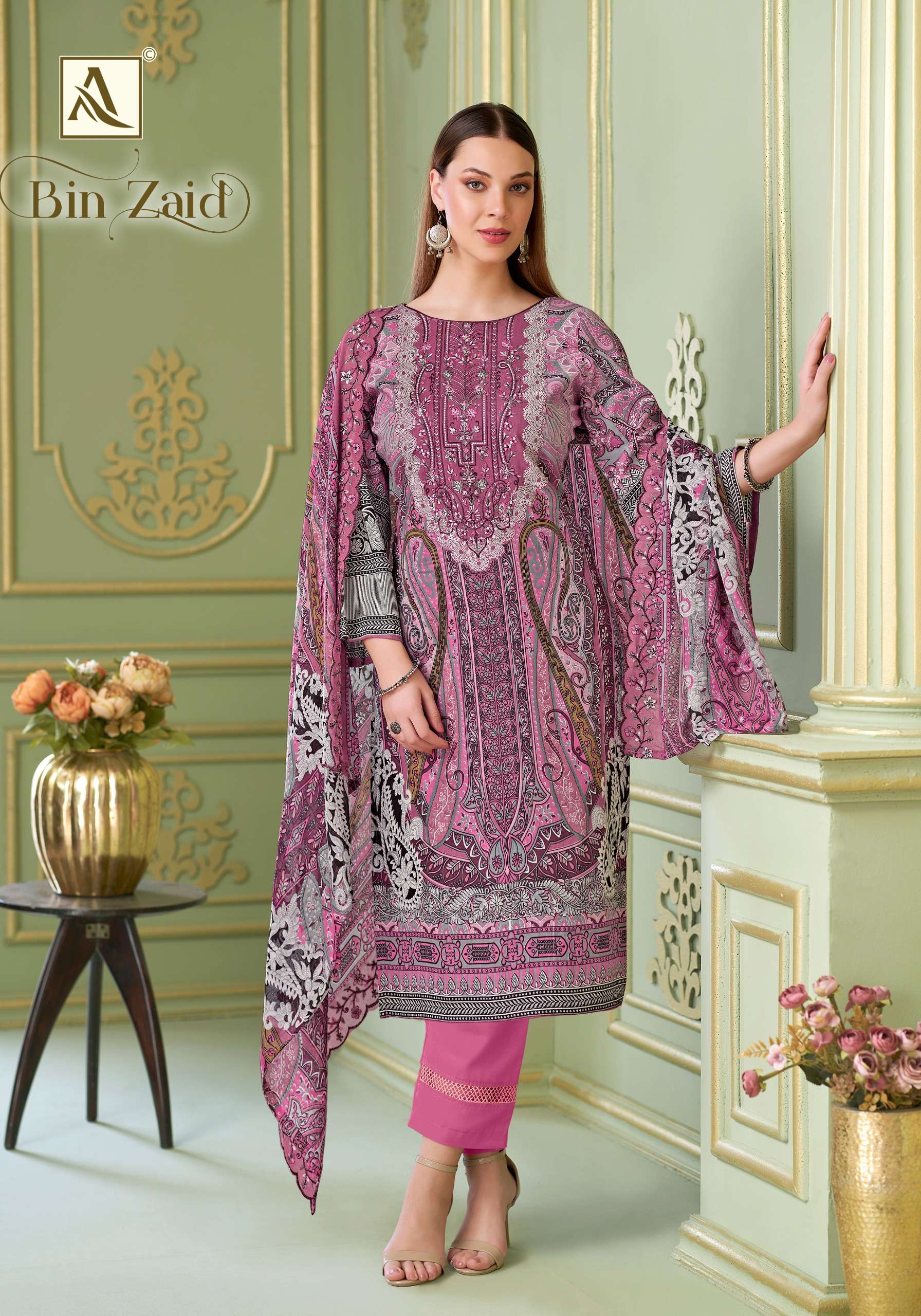 ALOK SUITS BIN ZAID COTTON DIGITAL PAKISTANI STYLE PRINT WITH FANCY WORK SUIT