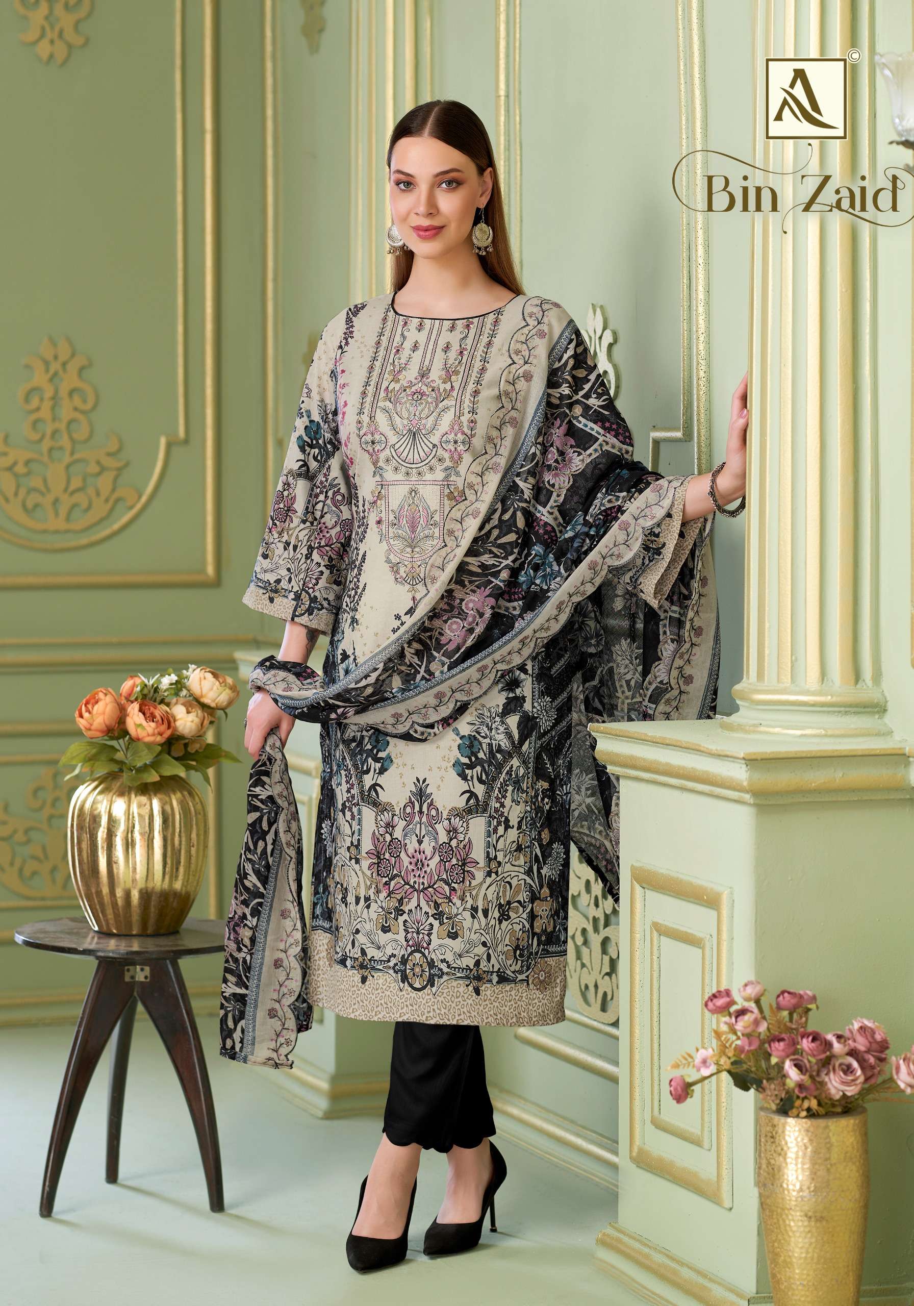 ALOK SUITS BIN ZAID COTTON DIGITAL PAKISTANI STYLE PRINT WITH FANCY WORK SUIT