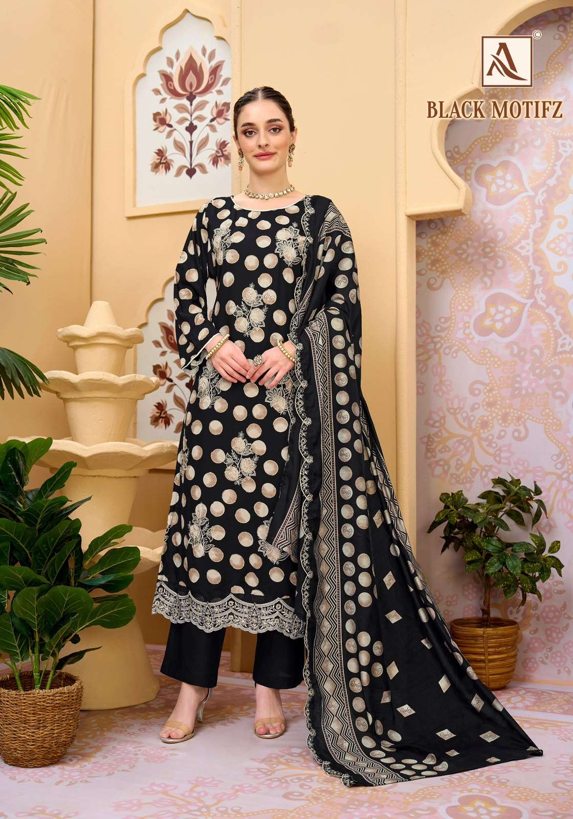 ALOK SUITS BLACK MOTIFZ VISCOSE FOIL PRINT WITH FANCY WORK SUIT 