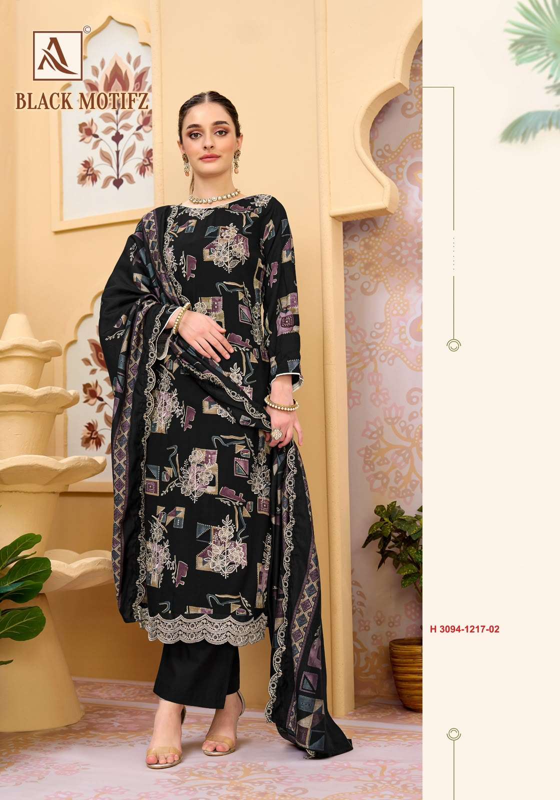 ALOK SUITS BLACK MOTIFZ VISCOSE FOIL PRINT WITH FANCY WORK SUIT 