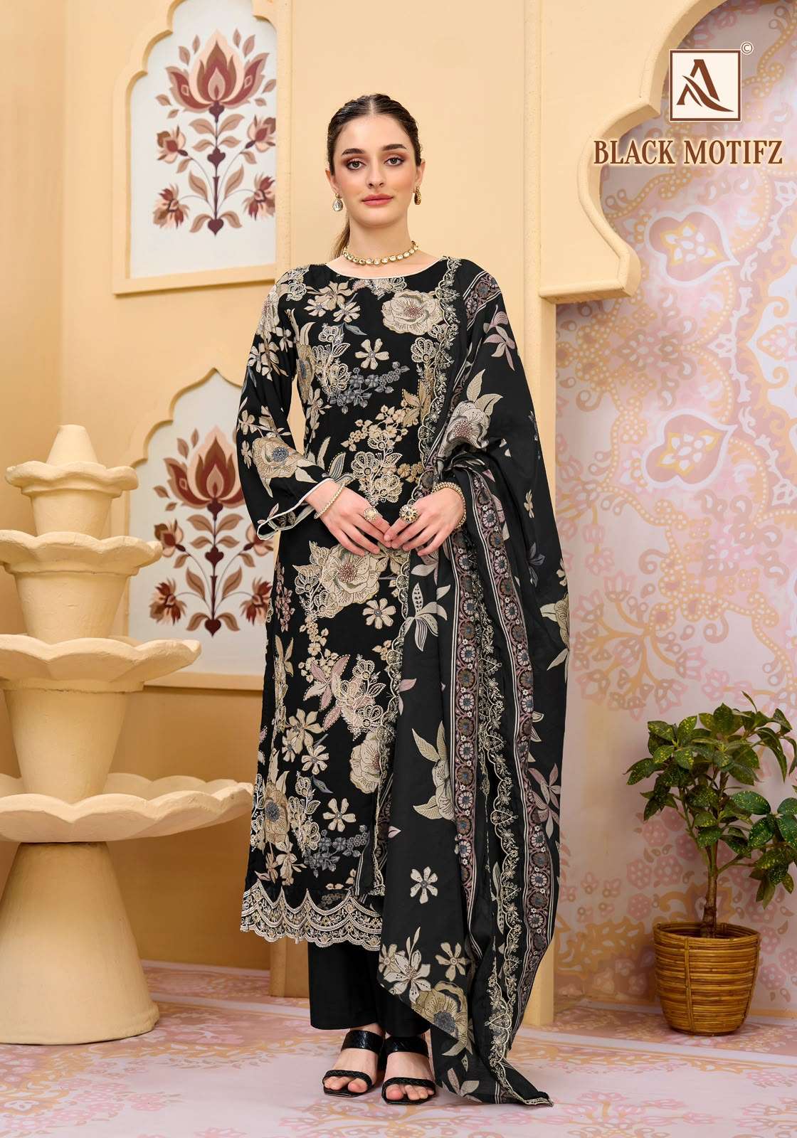 ALOK SUITS BLACK MOTIFZ VISCOSE FOIL PRINT WITH FANCY WORK SUIT 