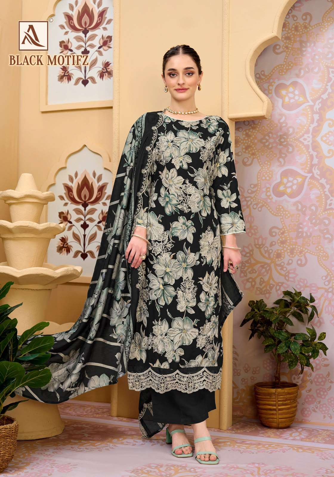 ALOK SUITS BLACK MOTIFZ VISCOSE FOIL PRINT WITH FANCY WORK SUIT 