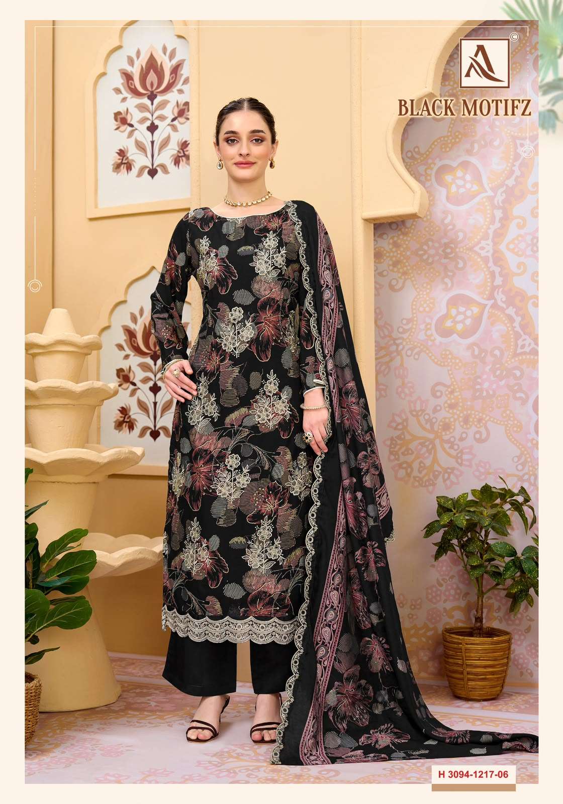 ALOK SUITS BLACK MOTIFZ VISCOSE FOIL PRINT WITH FANCY WORK SUIT 