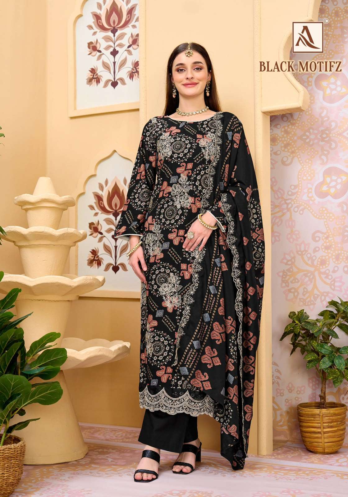 ALOK SUITS BLACK MOTIFZ VISCOSE FOIL PRINT WITH FANCY WORK SUIT 