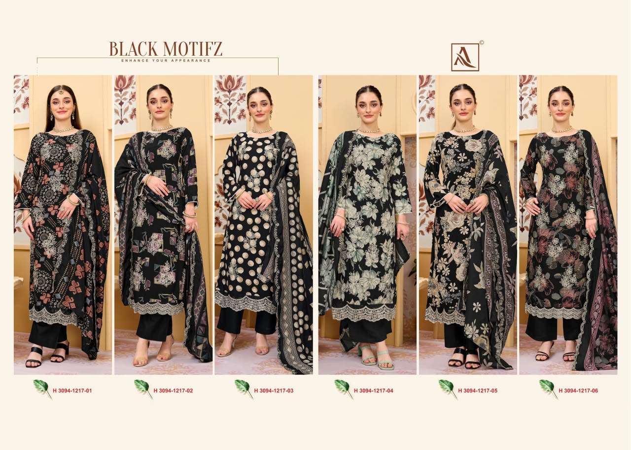 ALOK SUITS BLACK MOTIFZ VISCOSE FOIL PRINT WITH FANCY WORK SUIT 