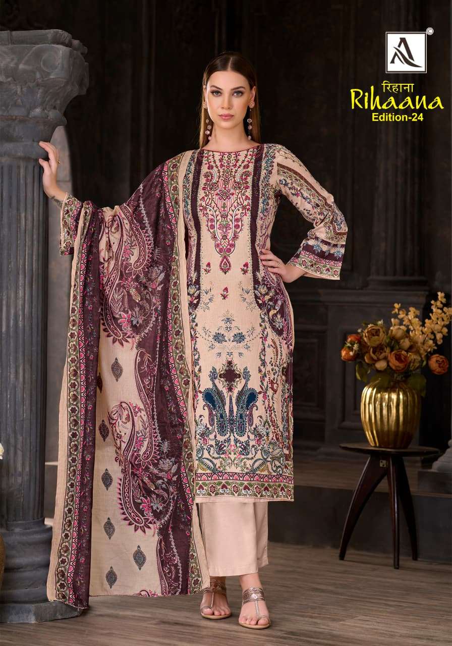 ALOK SUITS RIHAANA VOL 24 COTTON DIGITAL PAKISTANI PRINT WITH FANCY EMBROIDERY WORK SUIT