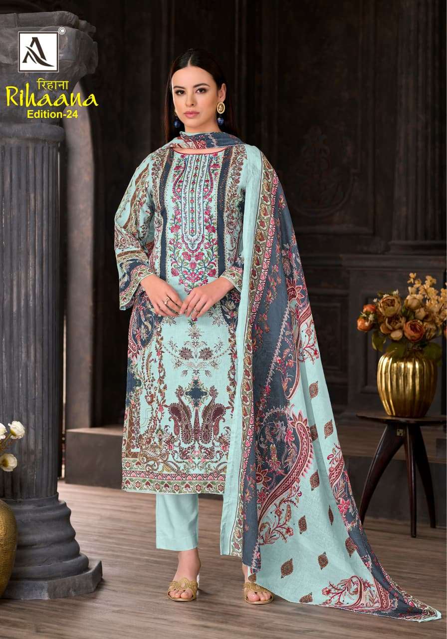 ALOK SUITS RIHAANA VOL 24 COTTON DIGITAL PAKISTANI PRINT WITH FANCY EMBROIDERY WORK SUIT