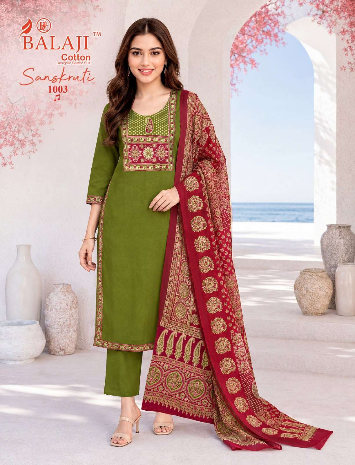  BALAJI COTTON SANSKRUTI VOL 1 COTTON AJRAK PRINT KURTI PANT WITH DUPATTA SET 