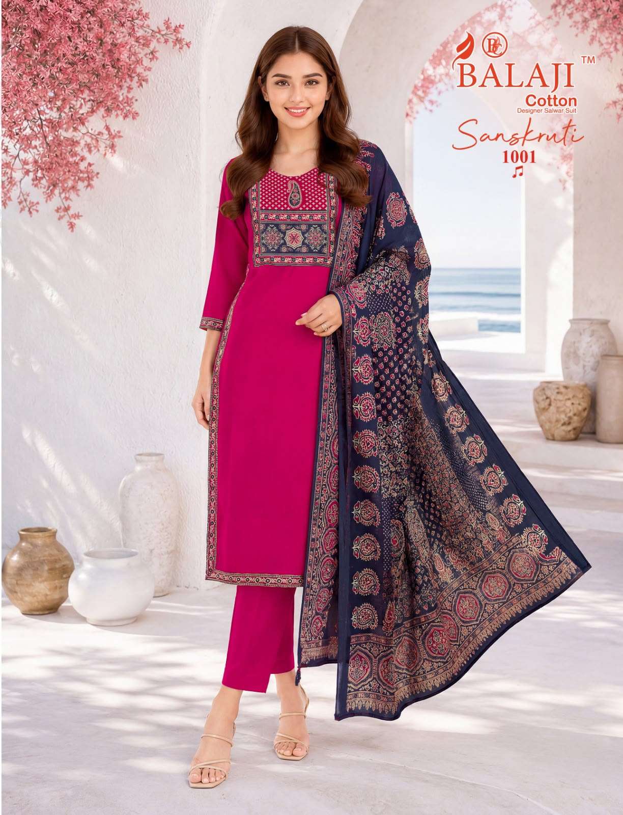  BALAJI COTTON SANSKRUTI VOL 1 COTTON AJRAK PRINT KURTI PANT WITH DUPATTA SET 