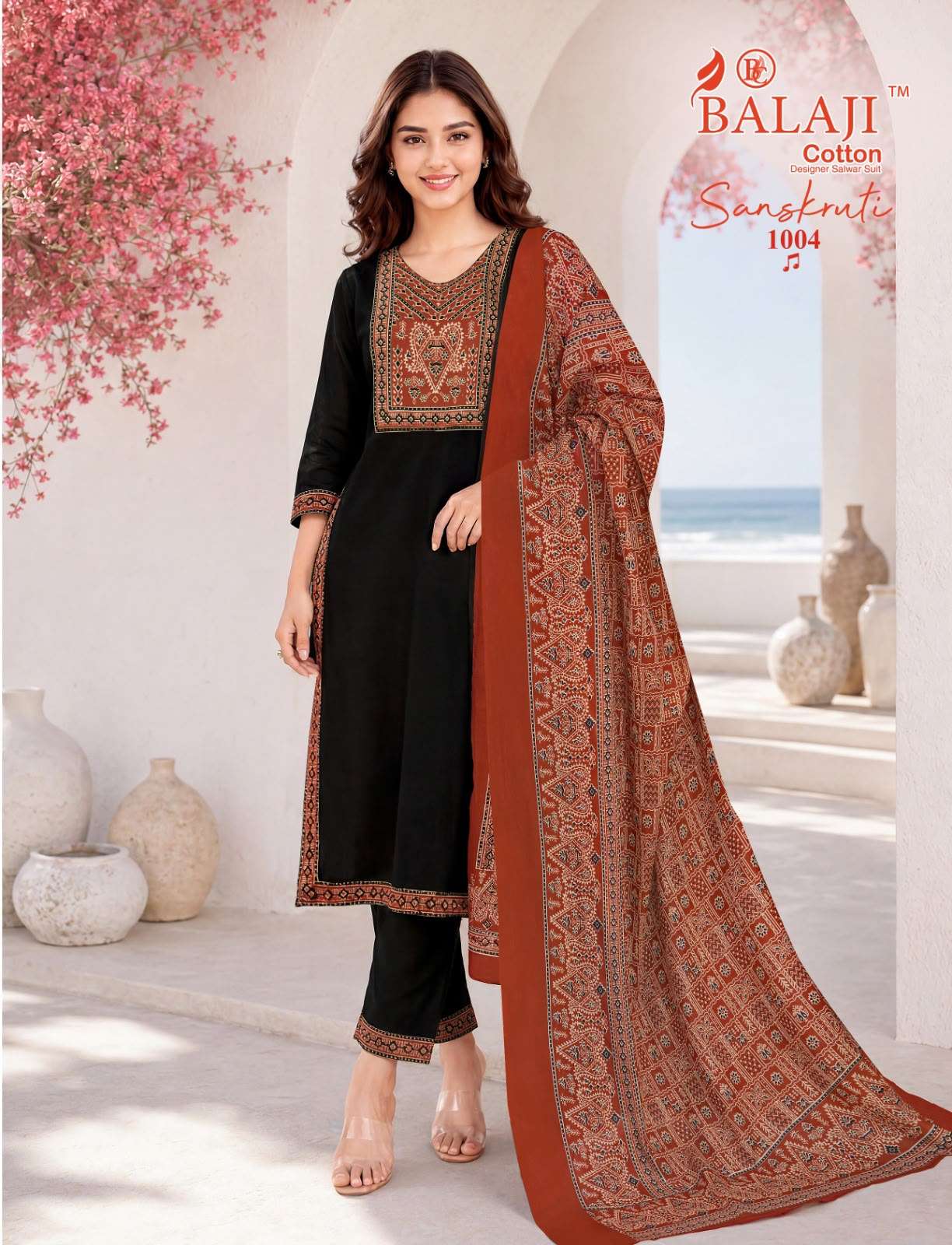  BALAJI COTTON SANSKRUTI VOL 1 COTTON AJRAK PRINT KURTI PANT WITH DUPATTA SET 
