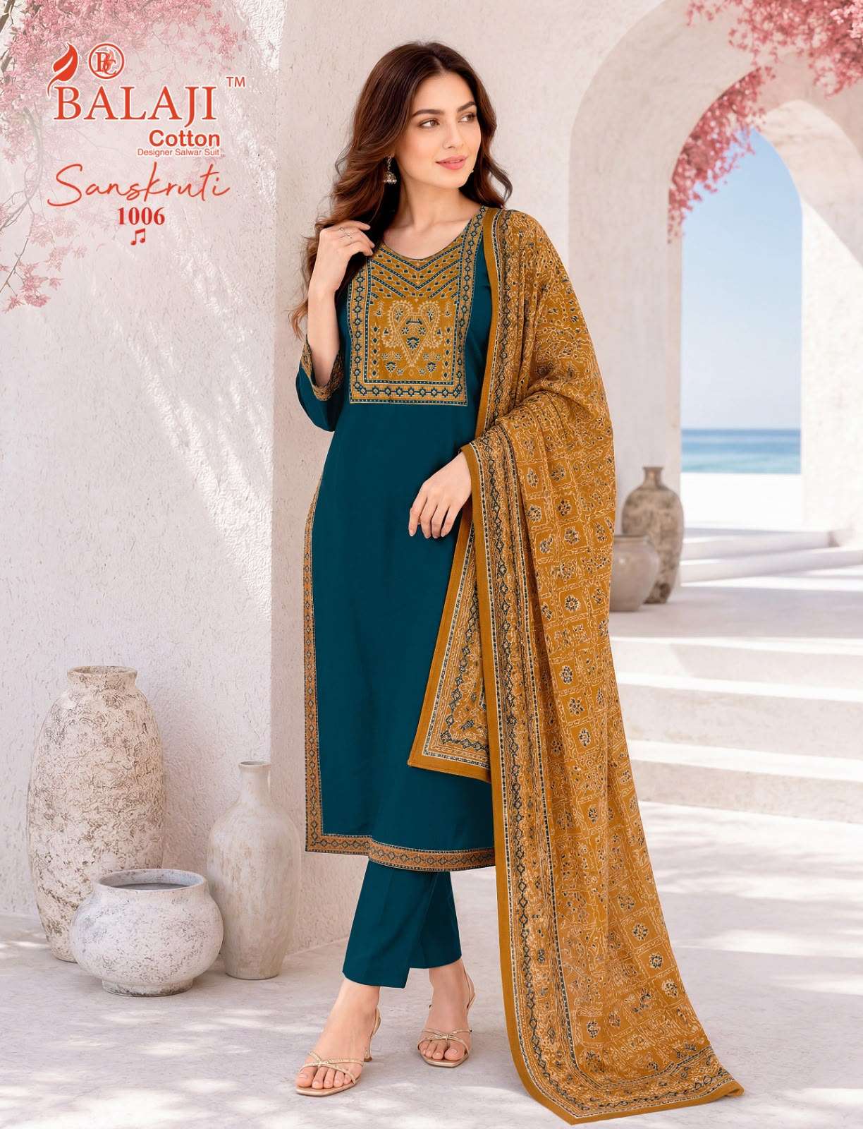  BALAJI COTTON SANSKRUTI VOL 1 COTTON AJRAK PRINT KURTI PANT WITH DUPATTA SET 